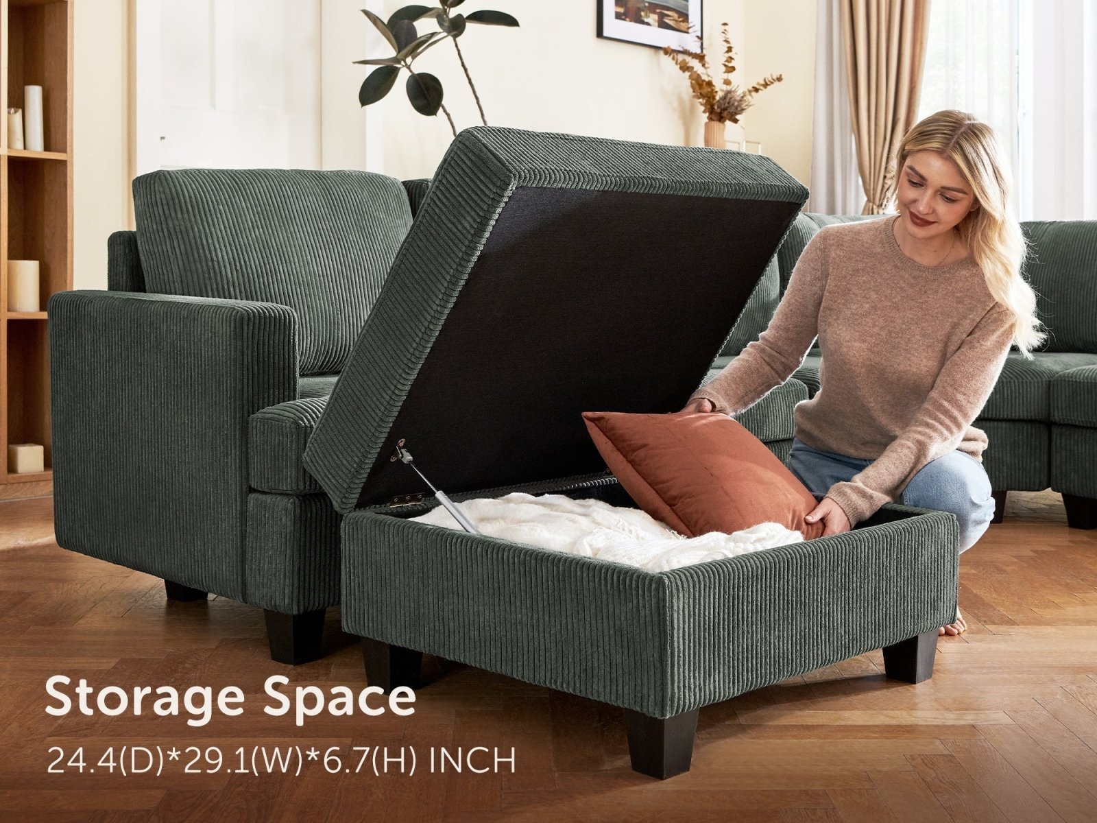 HONBAY 6-Piece Corduroy Modular Sleeper Lindyn Sectional With Storage Space #Color_Corduroy Green