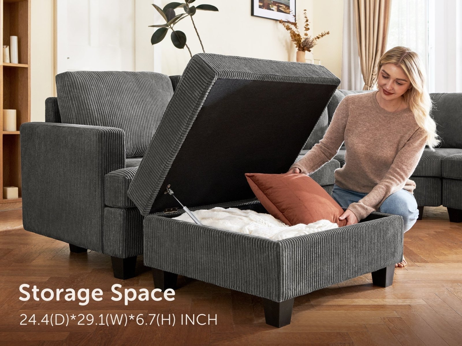 HONBAY 6-Piece Corduroy Modular Sleeper Lindyn Sectional With Storage Space #Color_Corduroy Grey