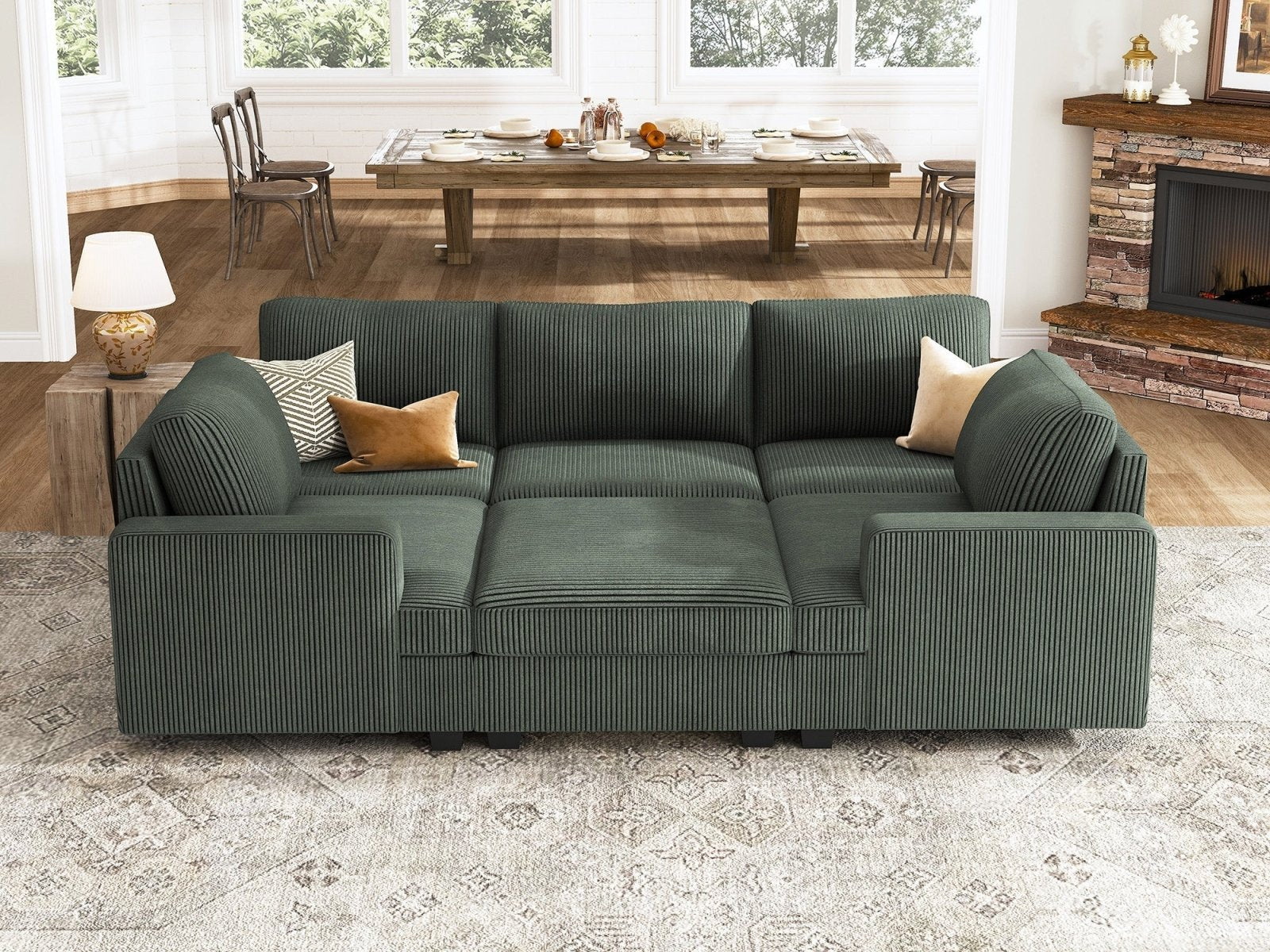 HONBAY 6-Piece Corduroy Modular Sleeper Lindyn Sectional With Storage Space #Color_Corduroy Green