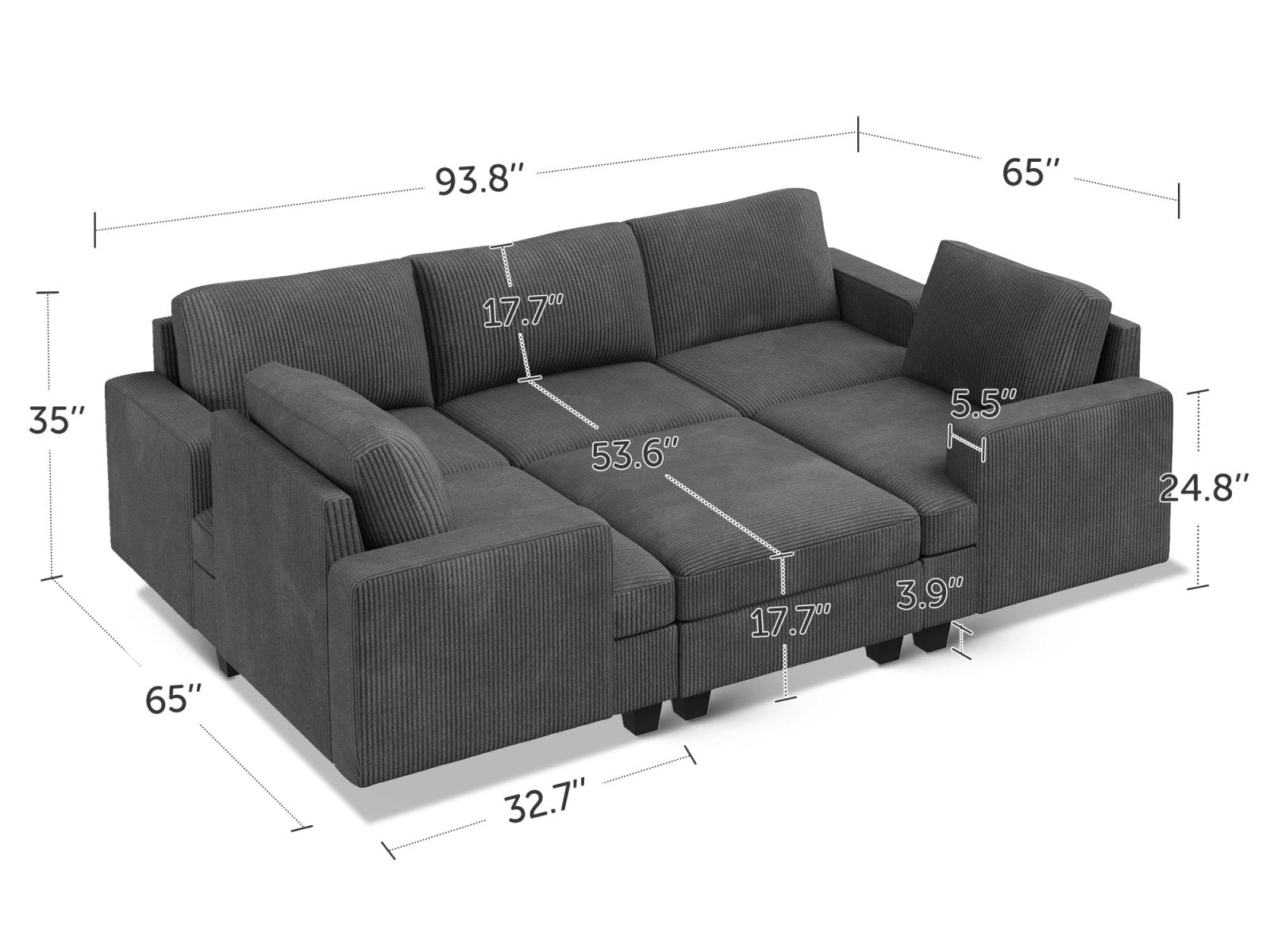 HONBAY 6-Piece Corduroy Modular Sleeper Lindyn Sectional With Storage Space #Color_Corduroy Grey