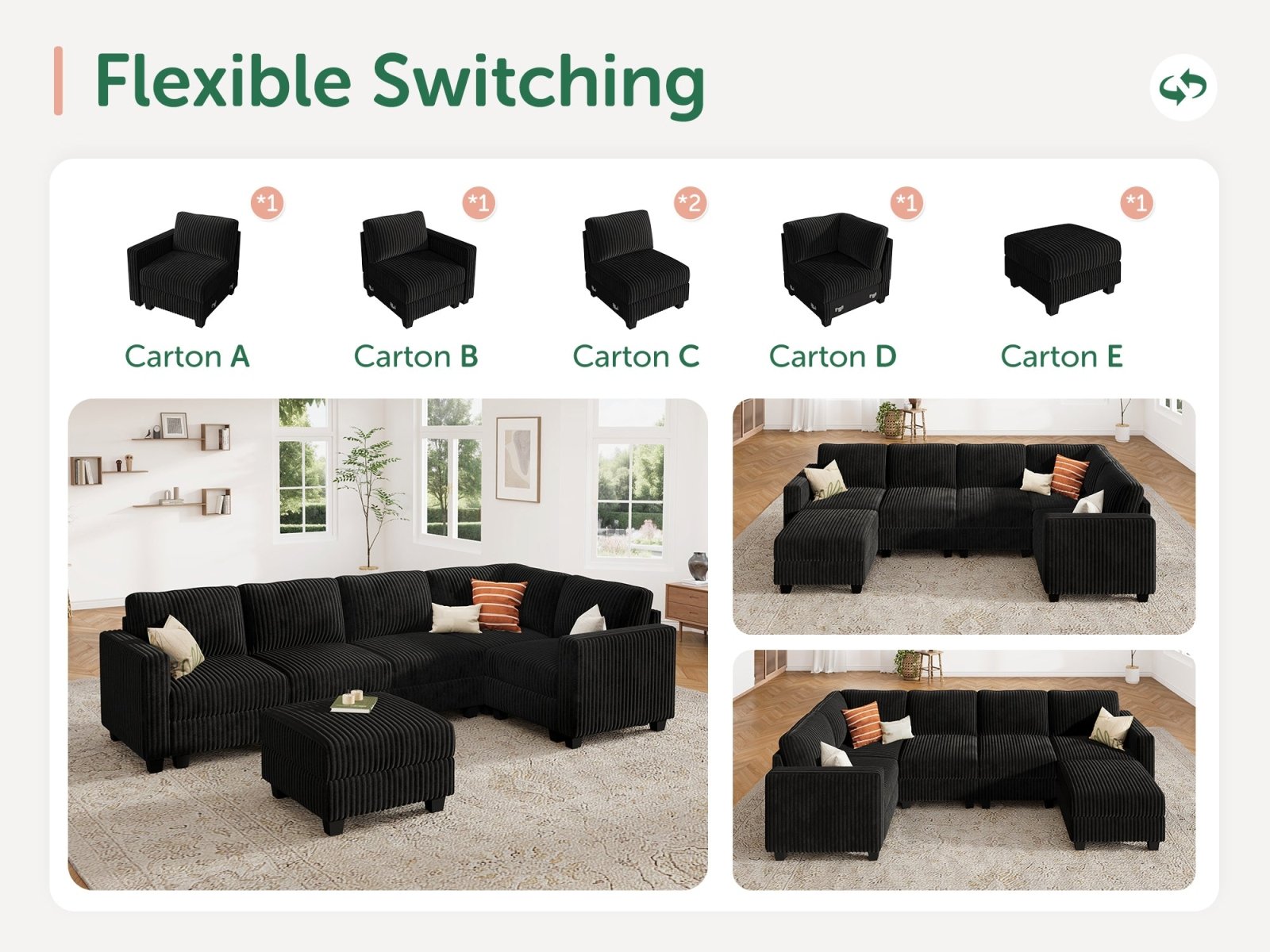 HONBAY 6-Piece Corduroy Modular U-Shaped Sectional Sofa With Hidden Storage Ottoman
#Color_Corduroy Black