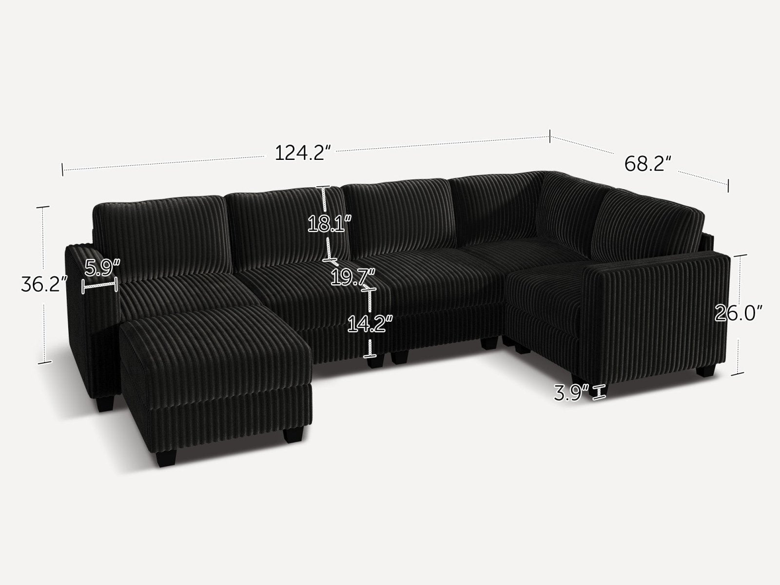 HONBAY 6-Piece Corduroy Modular U-Shaped Sectional Sofa With Hidden Storage Ottoman
#Color_Corduroy Black