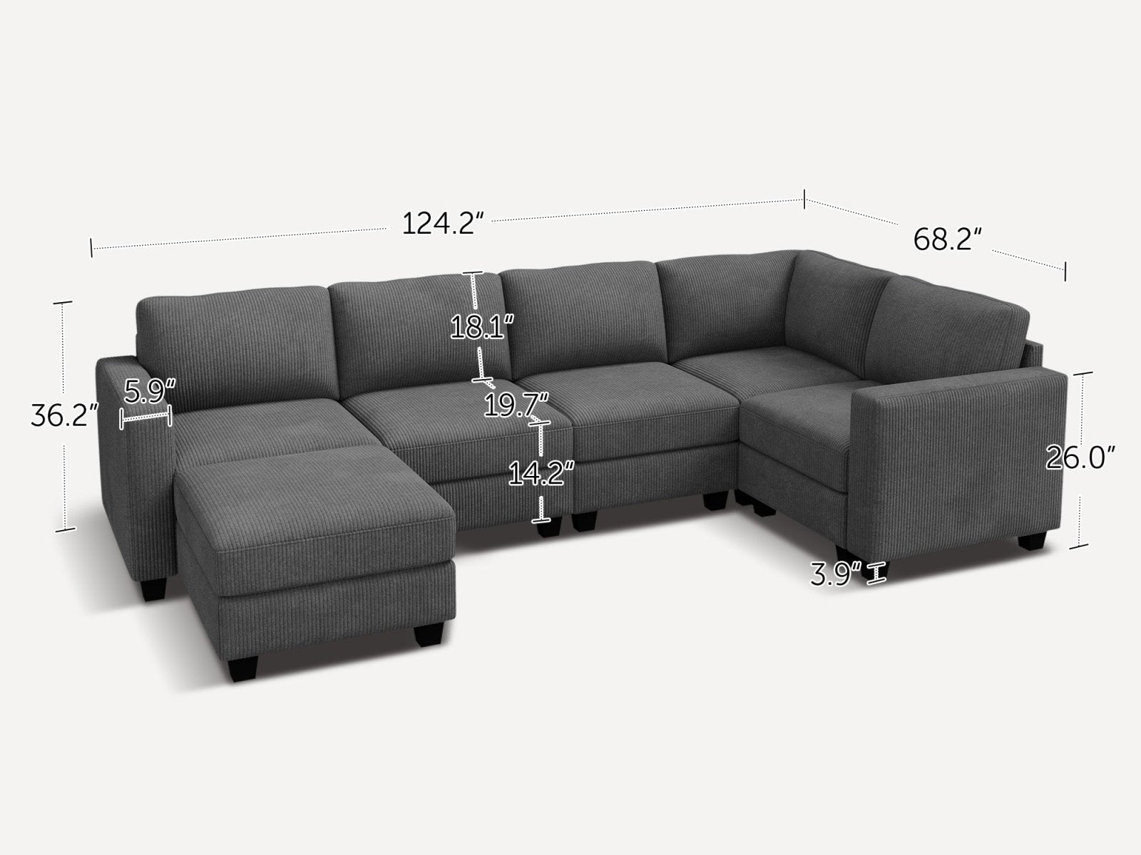 HONBAY 6-Piece Corduroy Modular U-Shaped Sectional Sofa With Hidden Storage Ottoman
#Color_Corduroy Grey