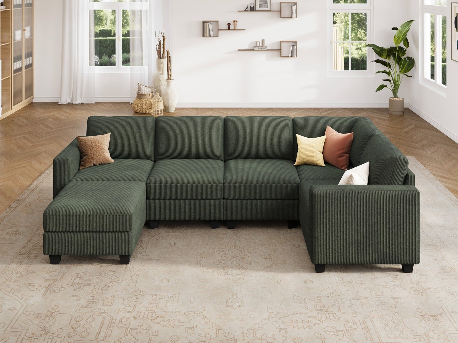 HONBAY 6-Piece Corduroy Modular U-Shaped Sectional Sofa With Hidden Storage Ottoman
#Color_Corduroy Green