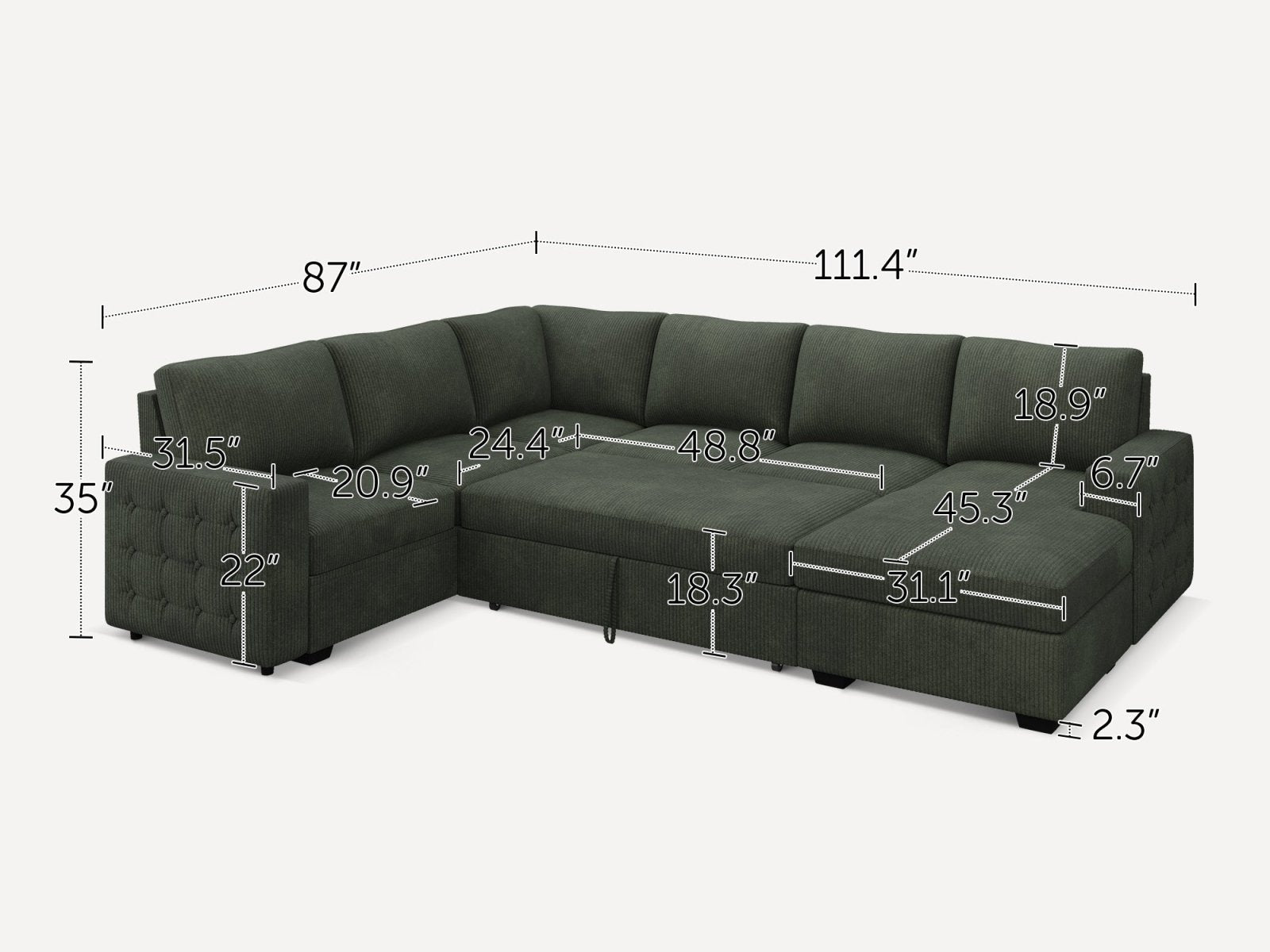 6-Piece Corduroy U-Shaped Sleeper Sectional
#Color_Corduroy Green