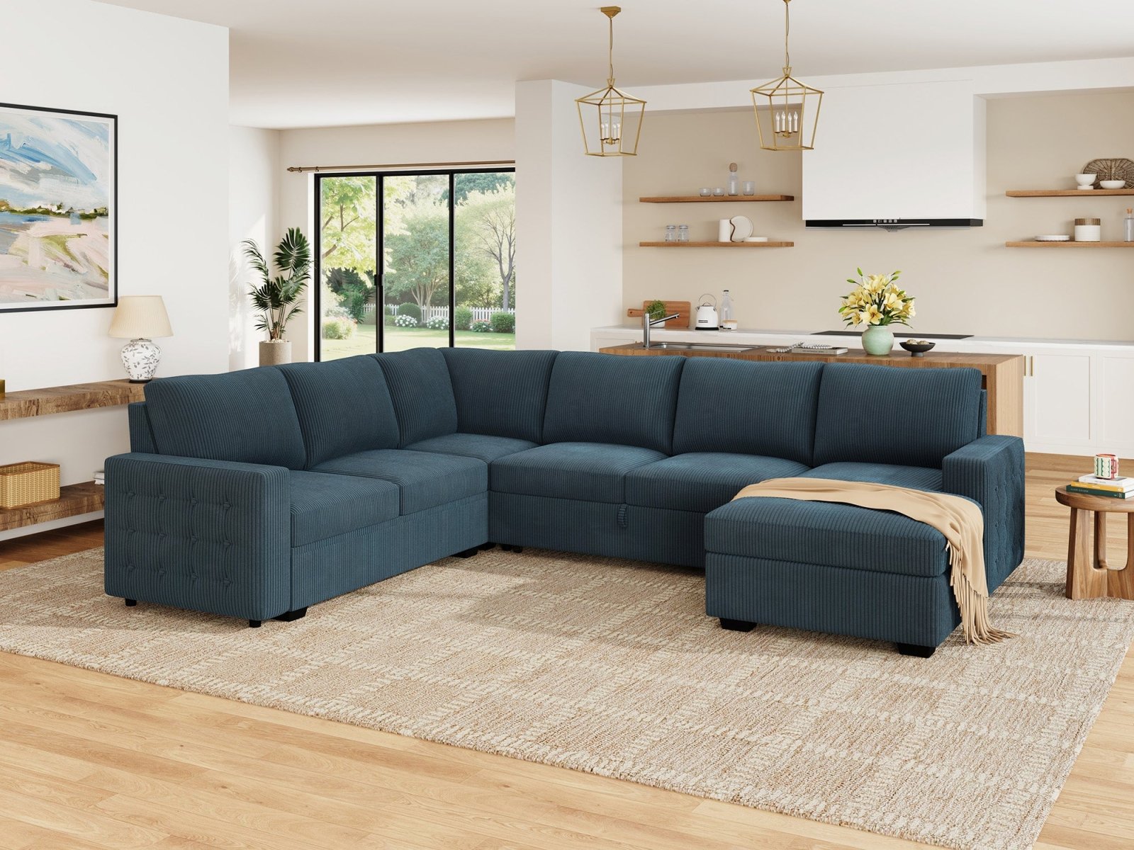 6-Piece Corduroy U-Shaped Sleeper Sectional
#Color_Corduroy Blue