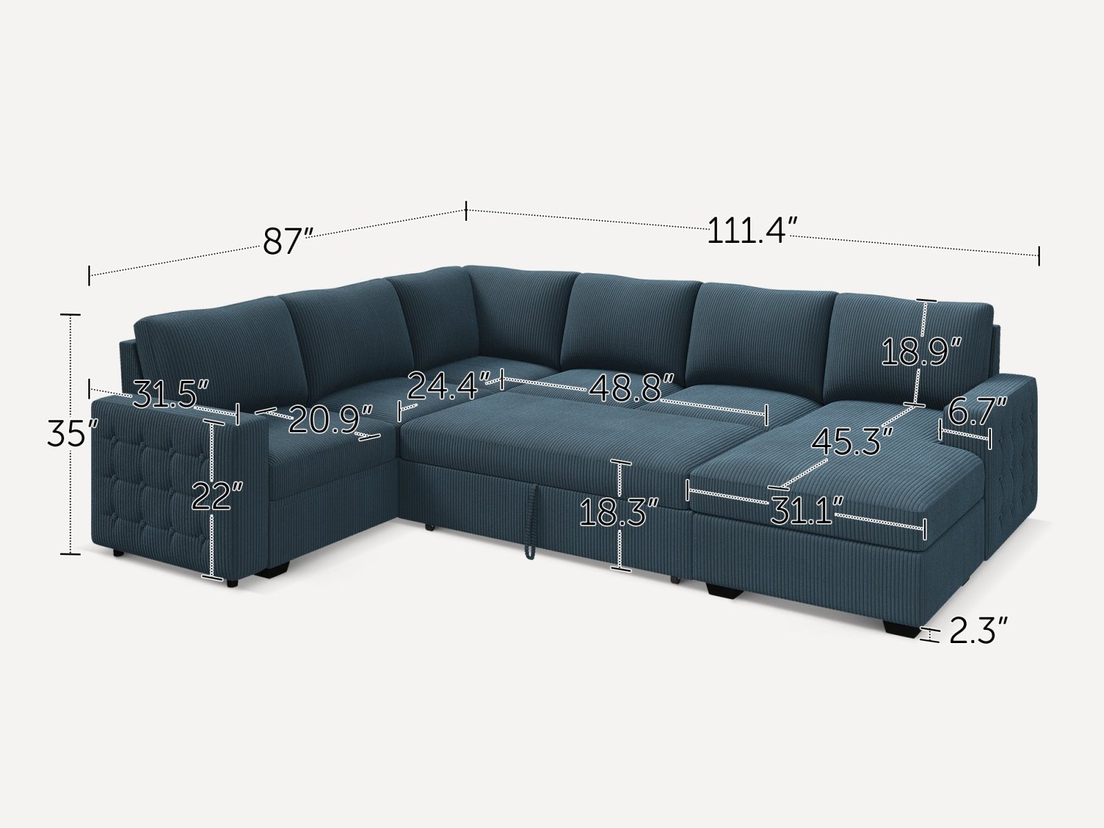 6-Piece Corduroy U-Shaped Sleeper Sectional
#Color_Corduroy Blue