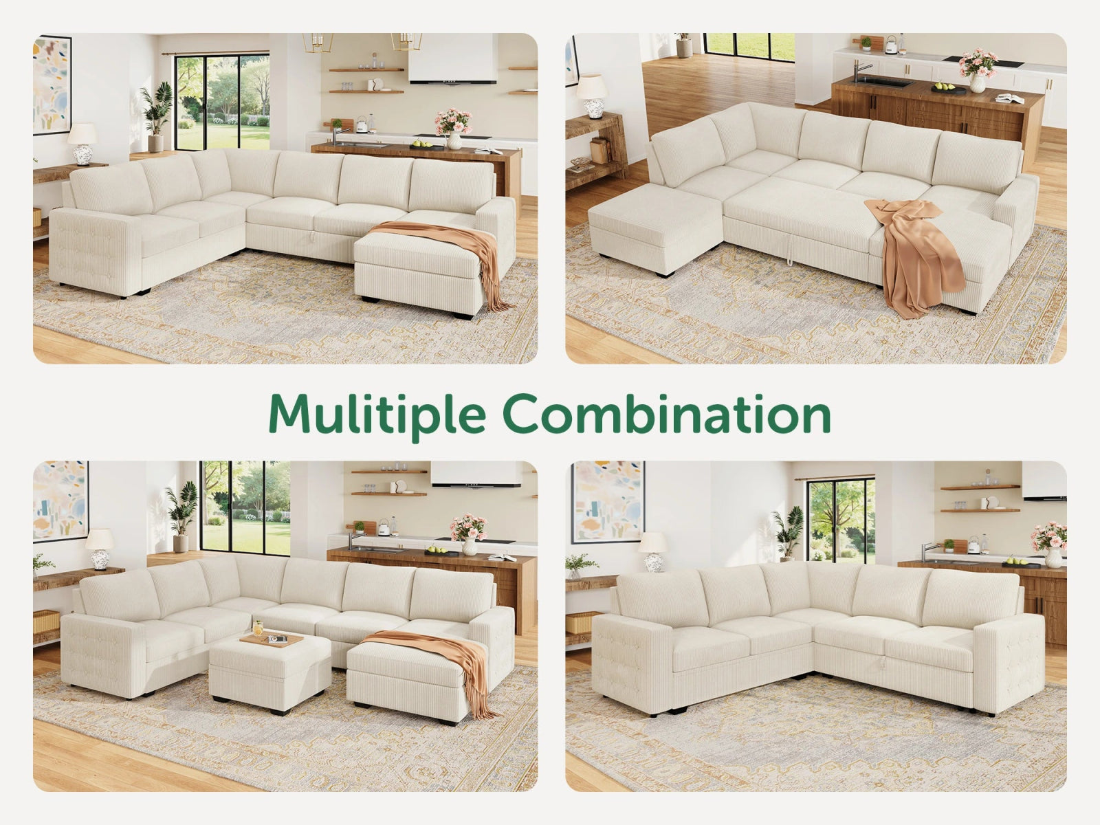 6-Piece Corduroy U-Shaped Sleeper Sectional
#Color_Corduroy Beige