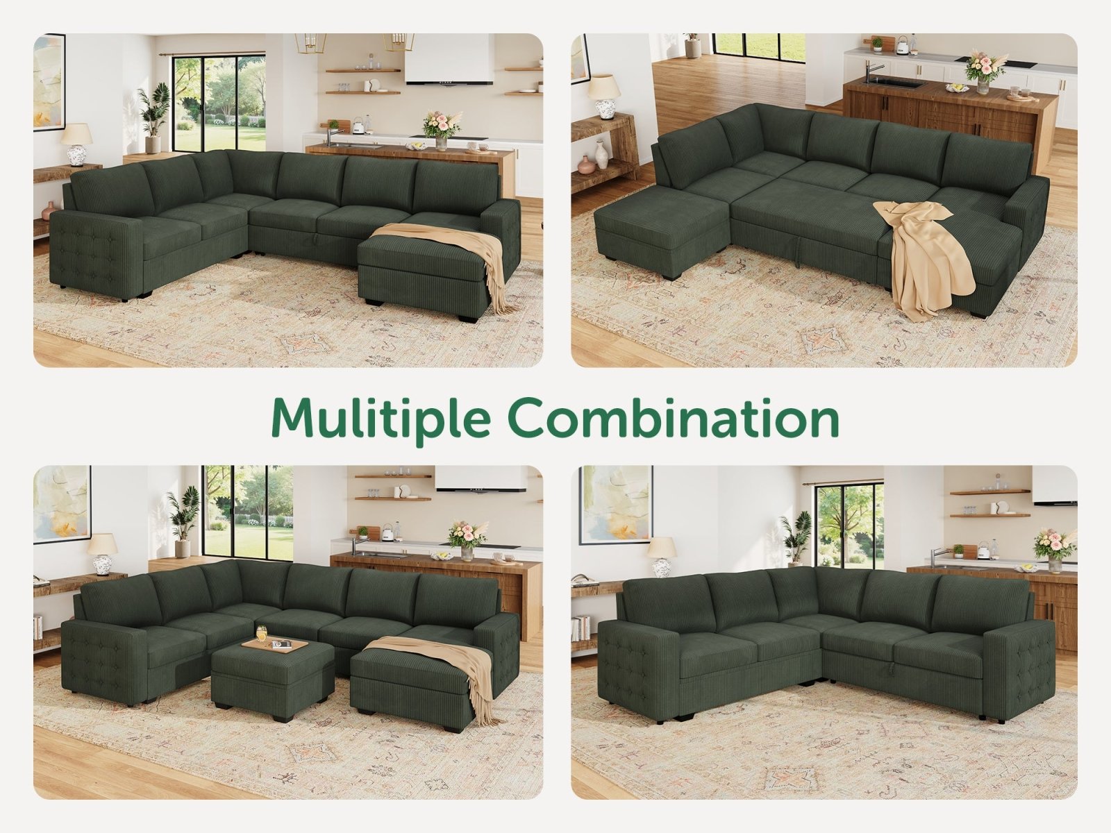 6-Piece Corduroy U-Shaped Sleeper Sectional
#Color_Corduroy Green