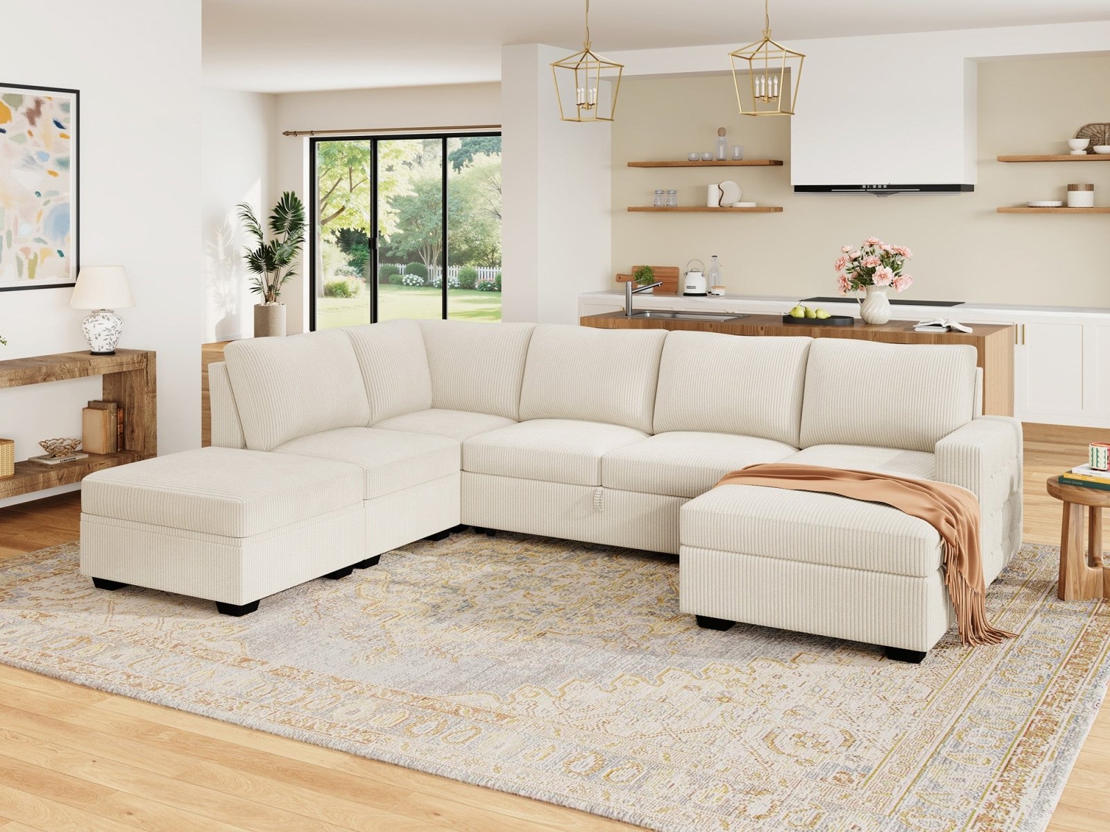 6-Piece Corduroy U-Shaped Sleeper Sectional
#Color_Corduroy Beige