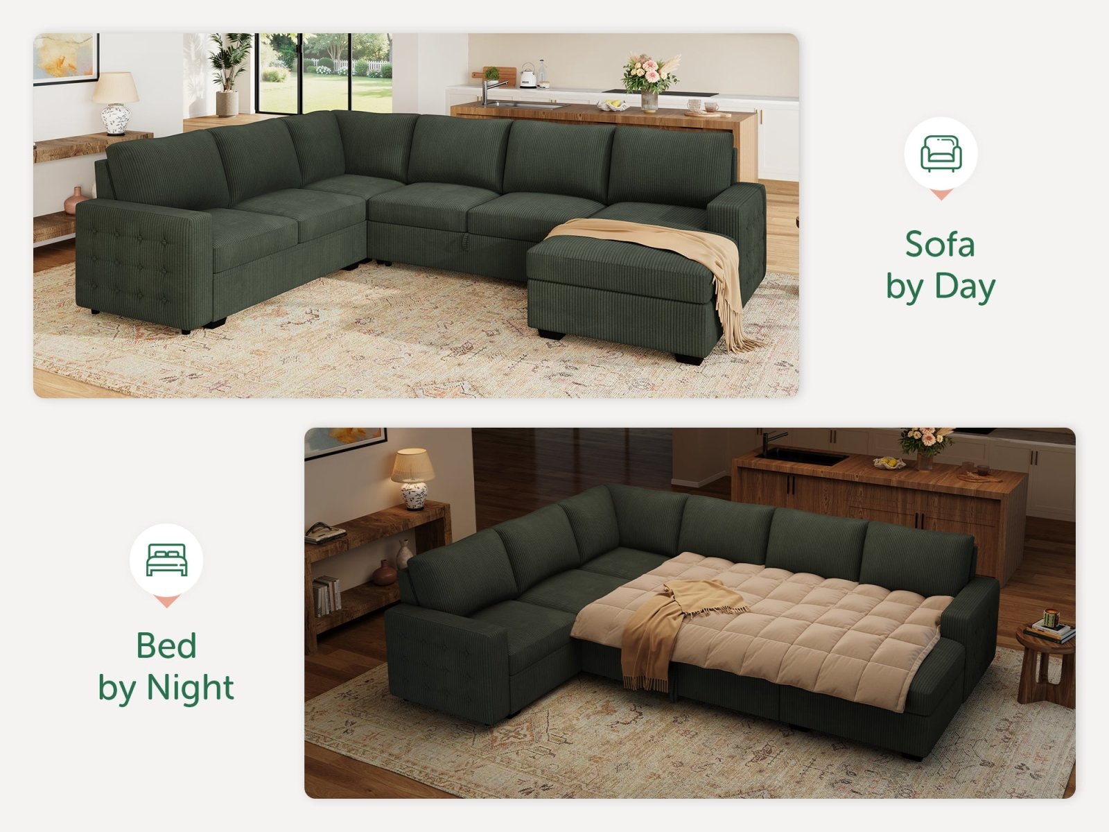6-Piece Corduroy U-Shaped Sleeper Sectional
#Color_Corduroy Green