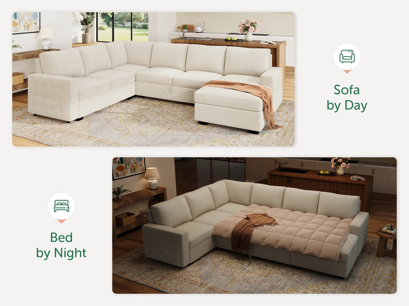 6-Piece Corduroy U-Shaped Sleeper Sectional
#Color_Corduroy Beige
