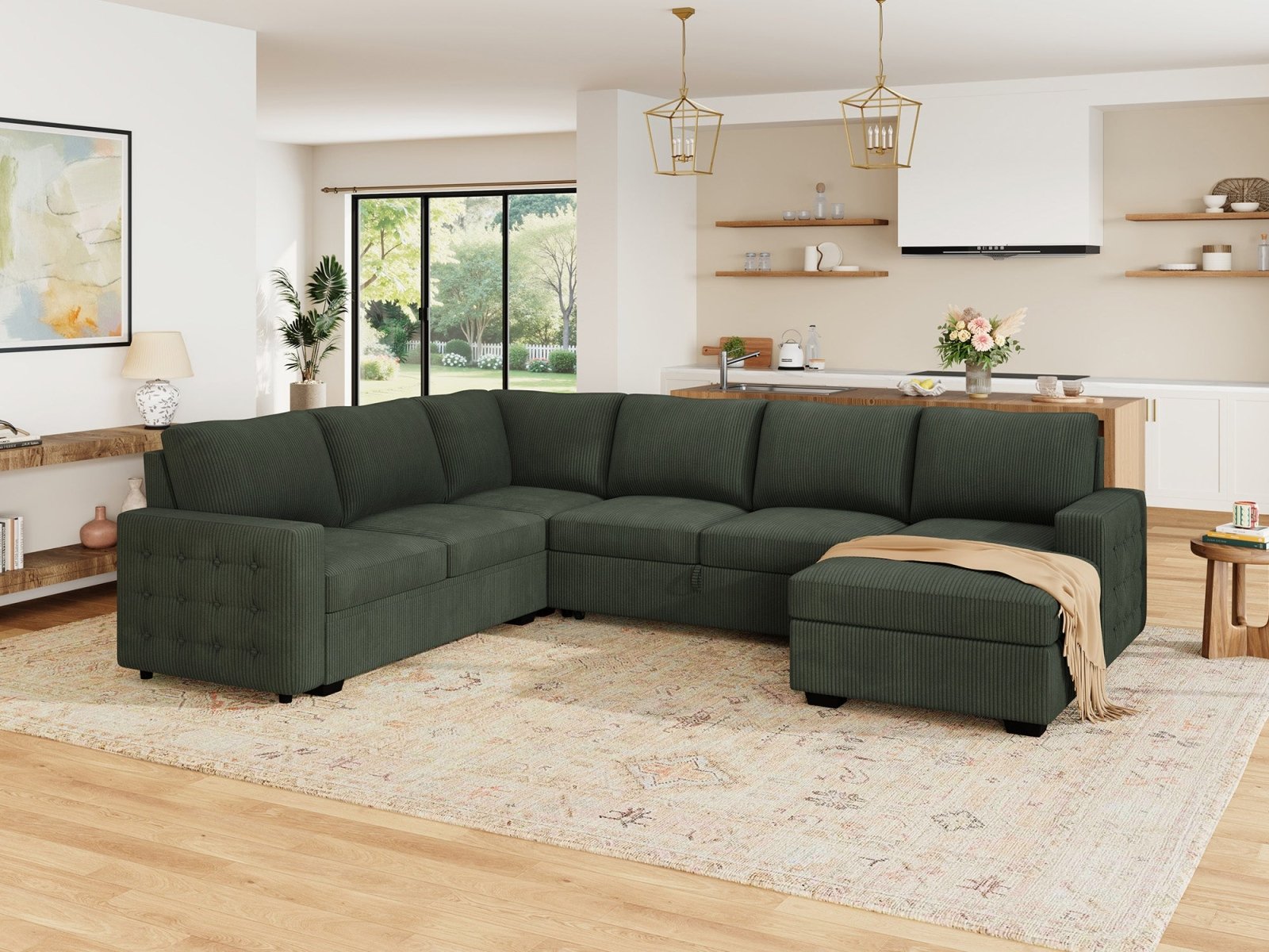 6-Piece Corduroy U-Shaped Sleeper Sectional
#Color_Corduroy Green