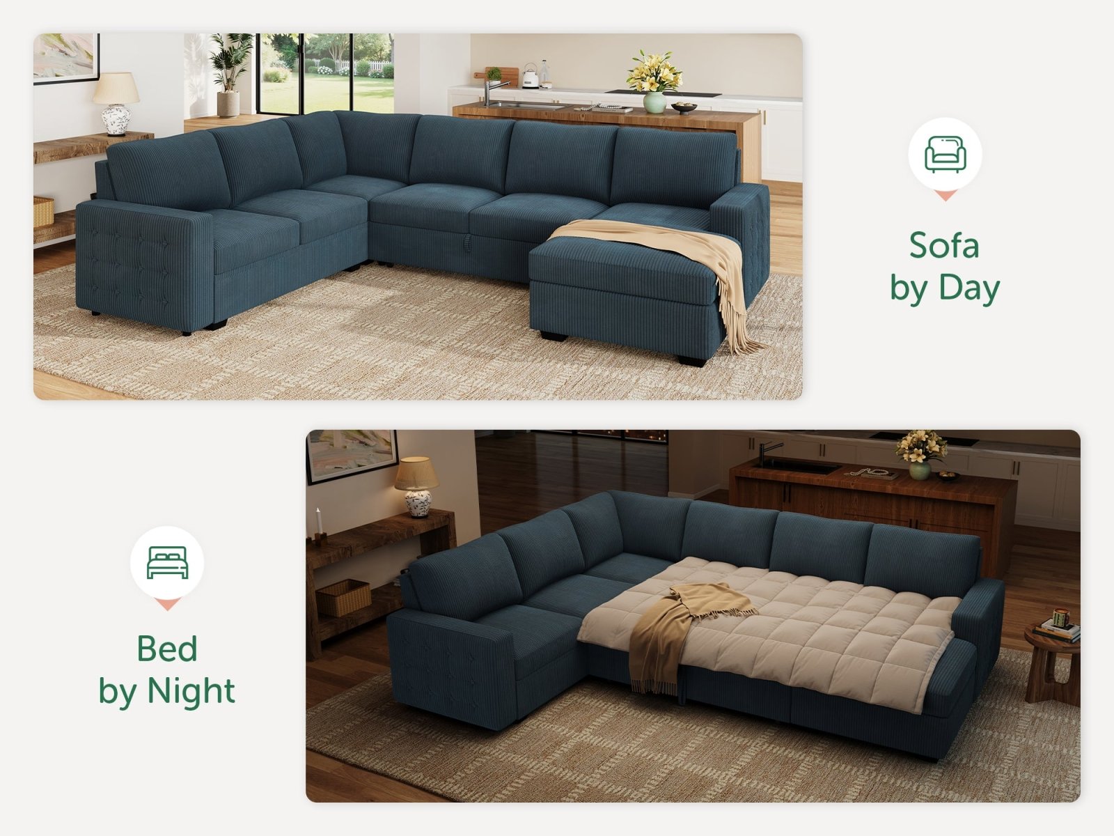 6-Piece Corduroy U-Shaped Sleeper Sectional
#Color_Corduroy Blue