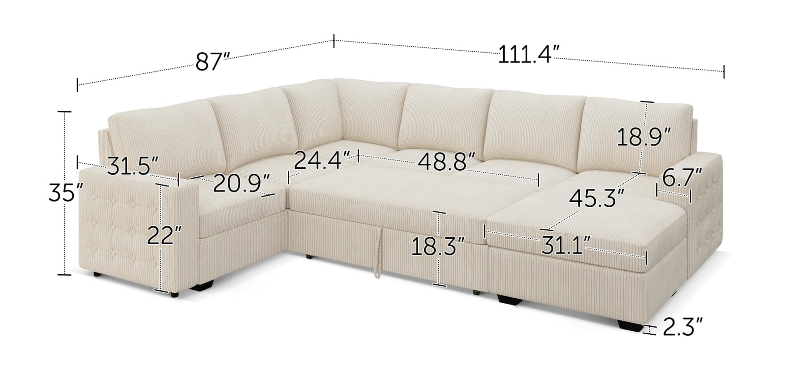 6-Piece Corduroy U-Shaped Sleeper Sectional
#Color_Corduroy Beige