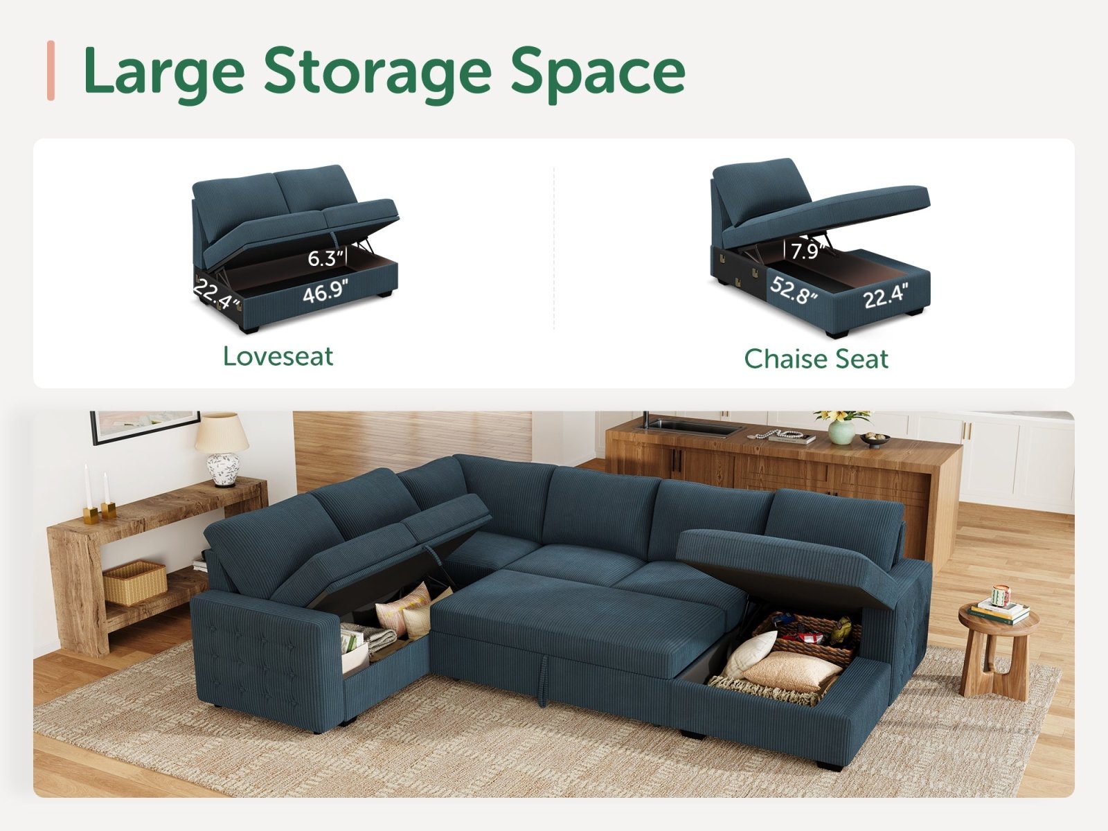 6-Piece Corduroy U-Shaped Sleeper Sectional
#Color_Corduroy Blue