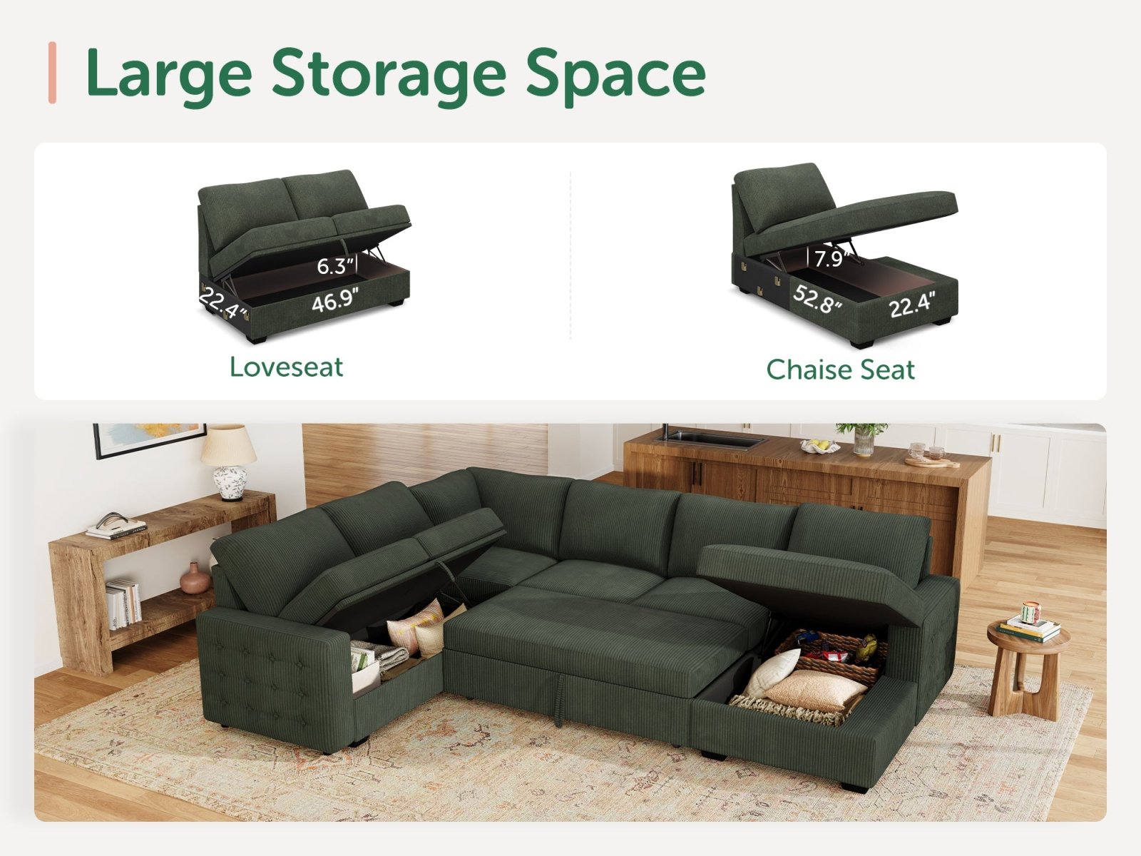 6-Piece Corduroy U-Shaped Sleeper Sectional
#Color_Corduroy Green