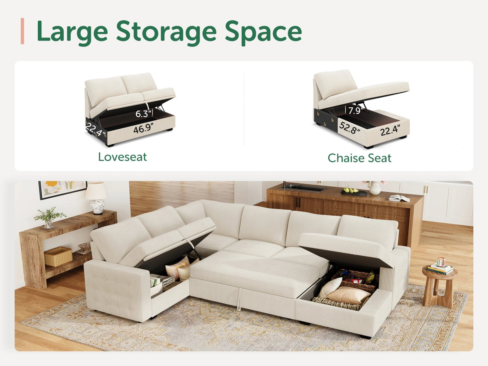 6-Piece Corduroy U-Shaped Sleeper Sectional
#Color_Corduroy Beige