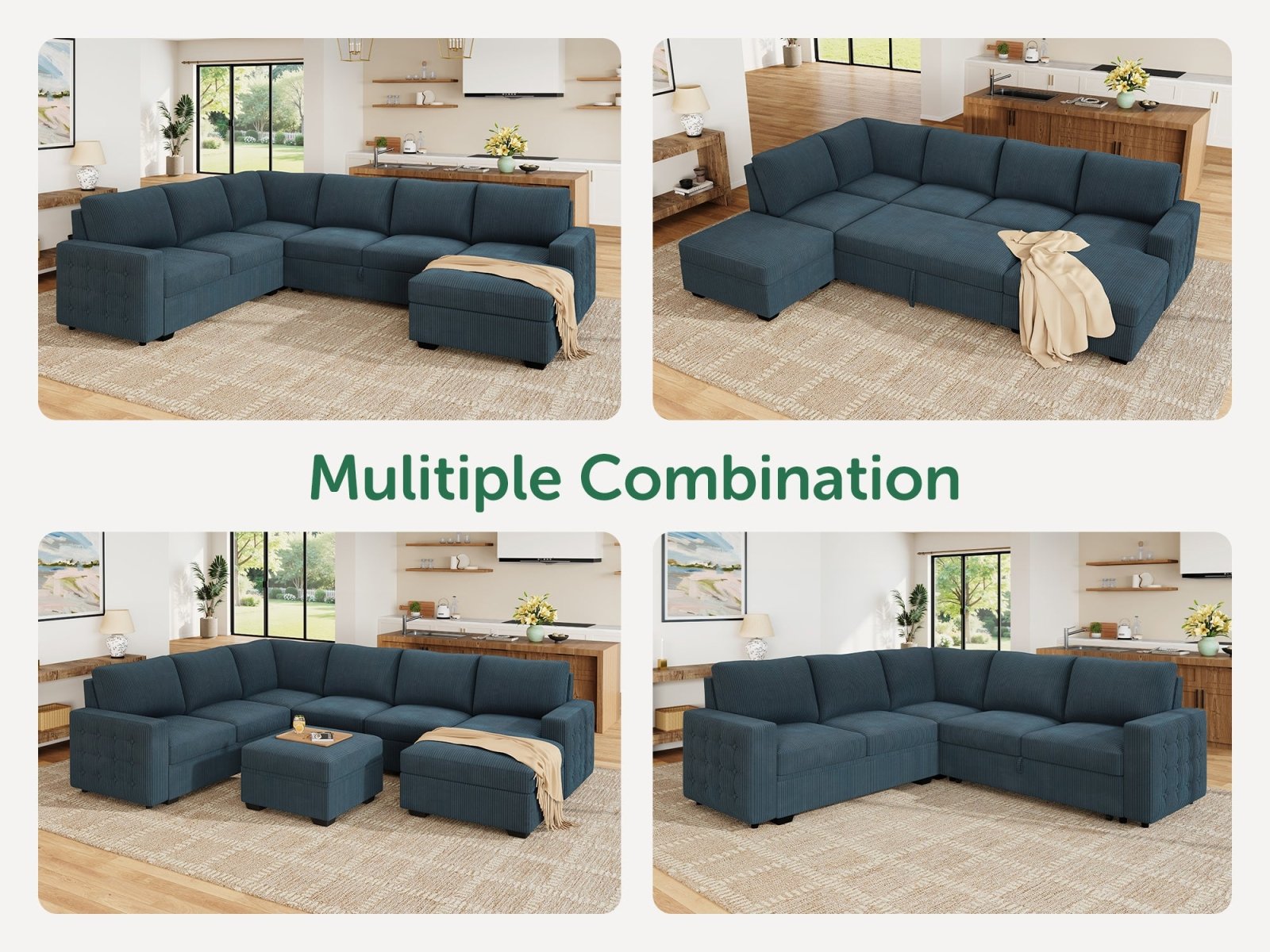 6-Piece Corduroy U-Shaped Sleeper Sectional
#Color_Corduroy Blue