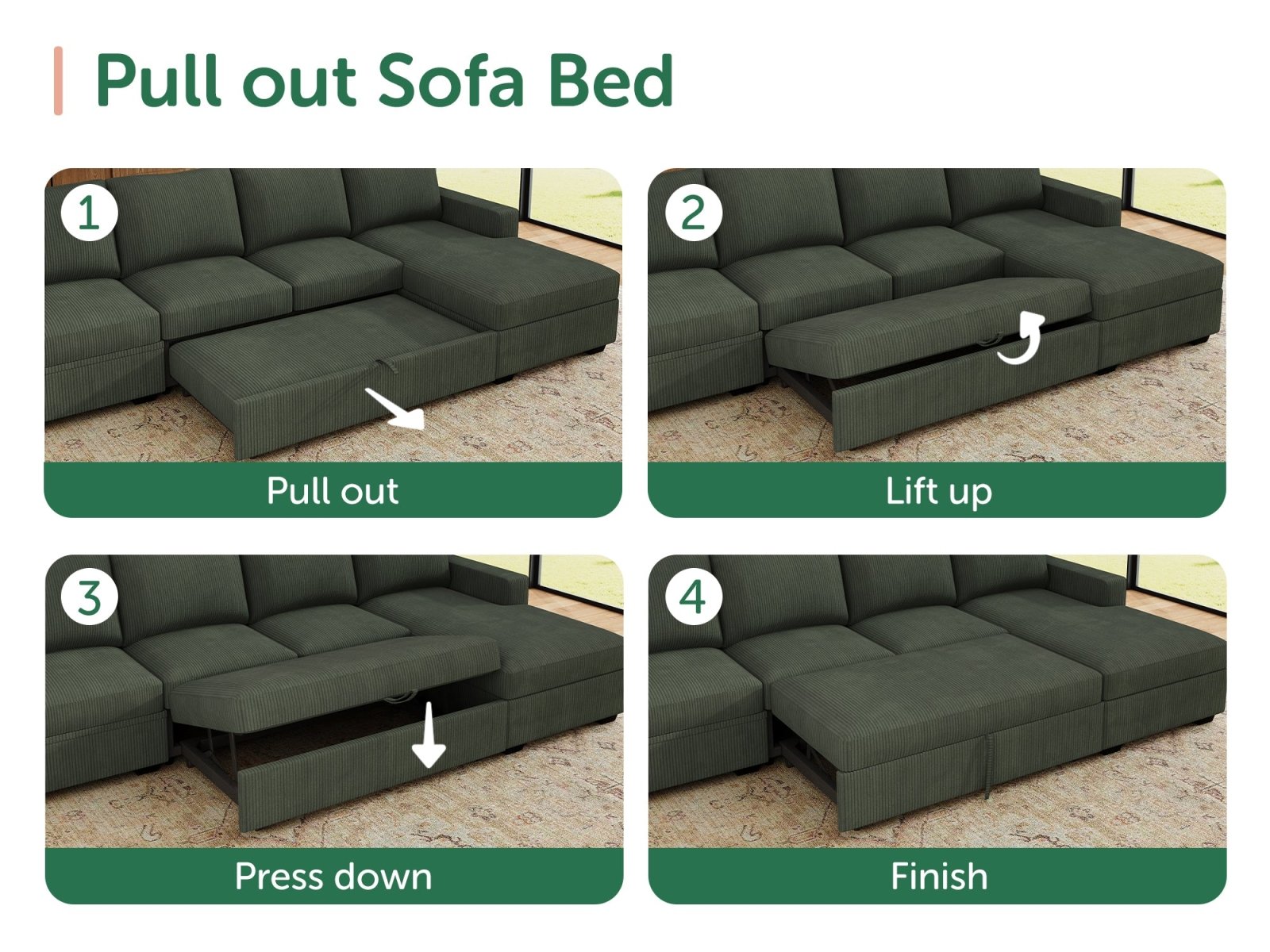 6-Piece Corduroy U-Shaped Sleeper Sectional
#Color_Corduroy Green