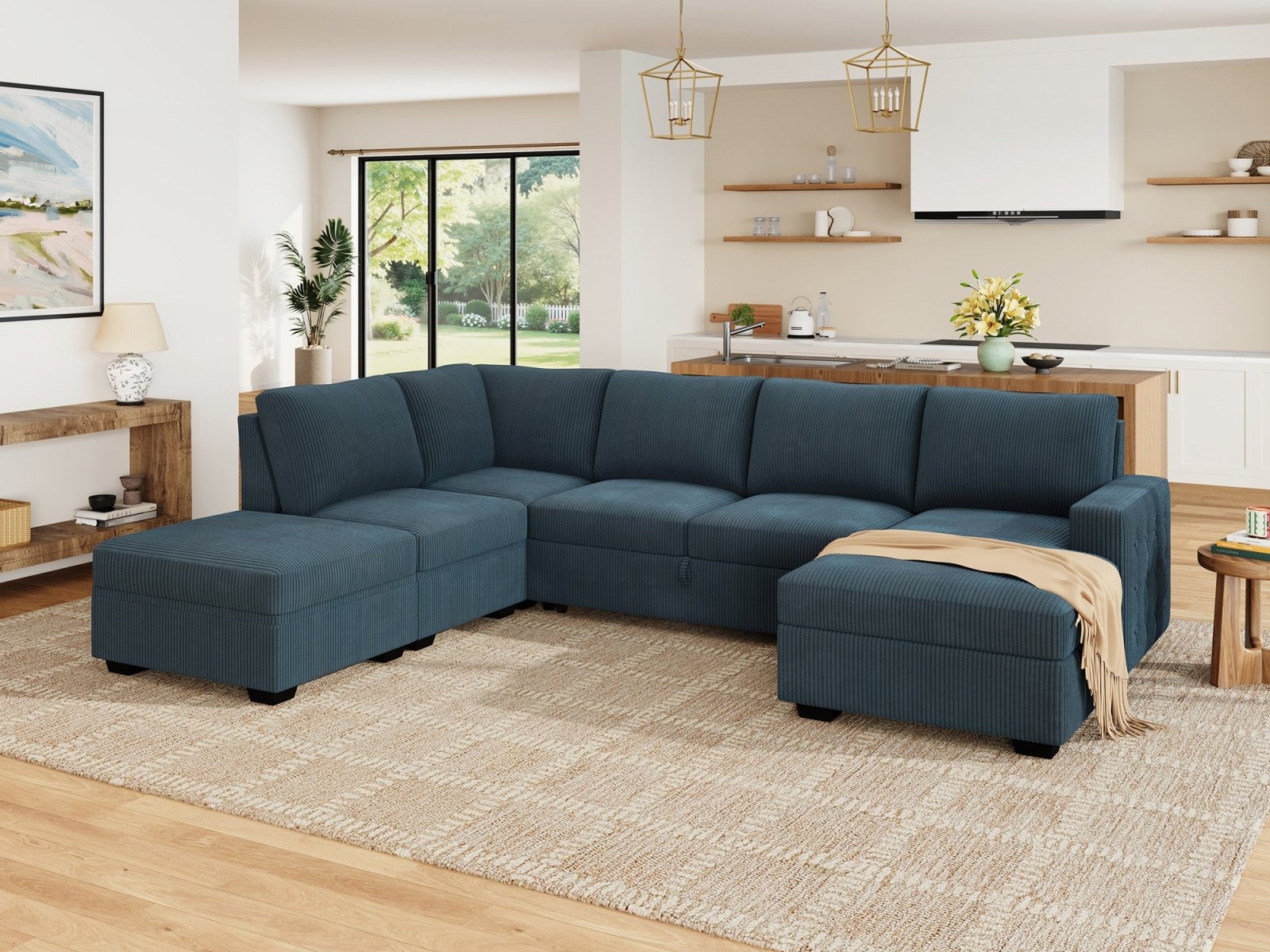 6-Piece Corduroy U-Shaped Sleeper Sectional
#Color_Corduroy Blue