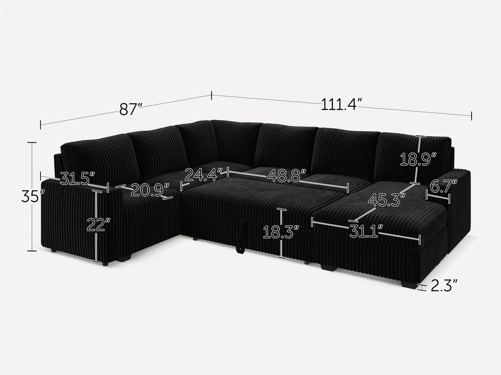 6-Piece Corduroy U-Shaped Sleeper Sectional
#Color_Wide Corduroy Black