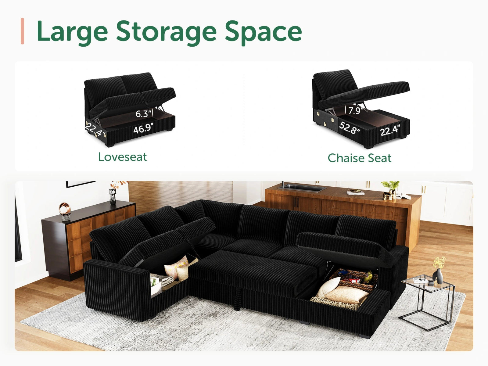 6-Piece Corduroy U-Shaped Sleeper Sectional
#Color_Wide Corduroy Black