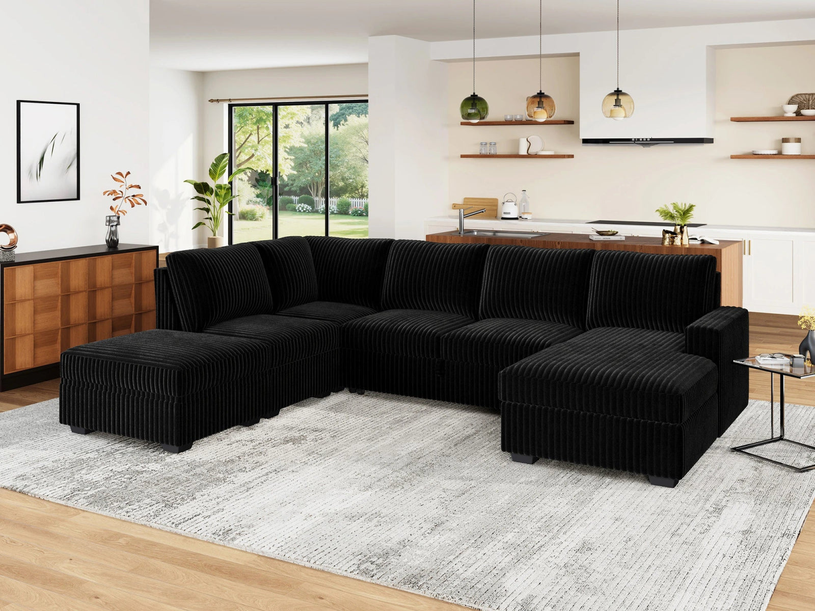 6-Piece Corduroy U-Shaped Sleeper Sectional
#Color_Wide Corduroy Black