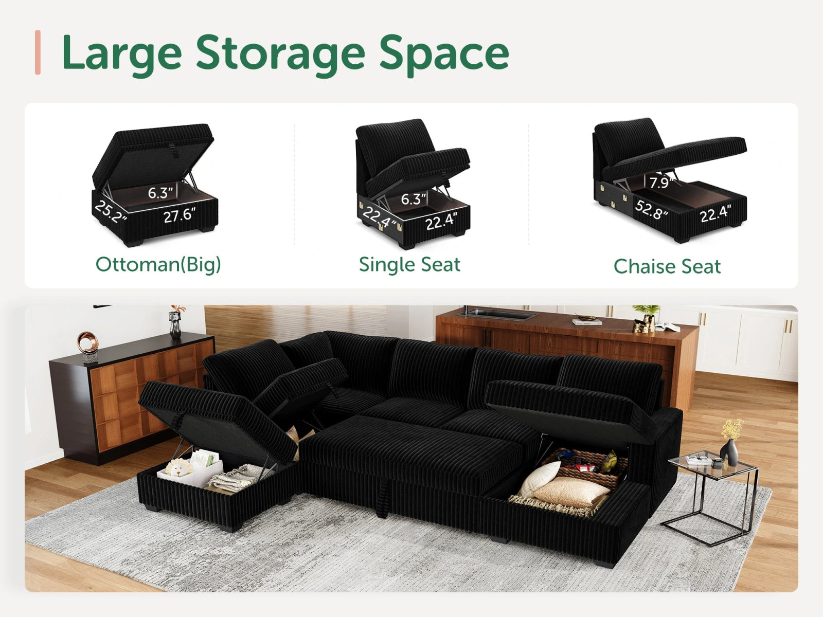 6-Piece Corduroy U-Shaped Sleeper Sectional
#Color_Wide Corduroy Black