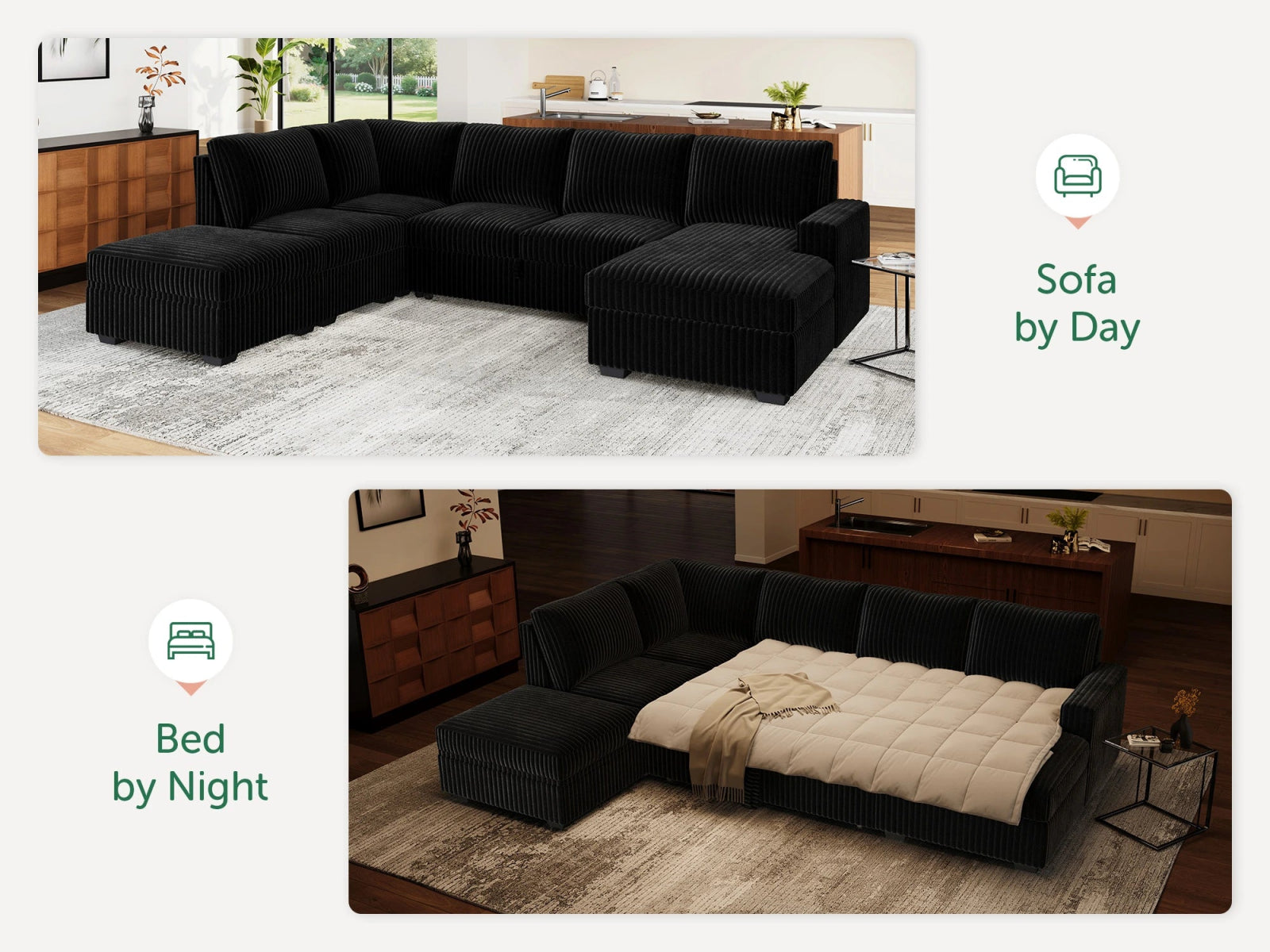 6-Piece Corduroy U-Shaped Sleeper Sectional
#Color_Wide Corduroy Black
