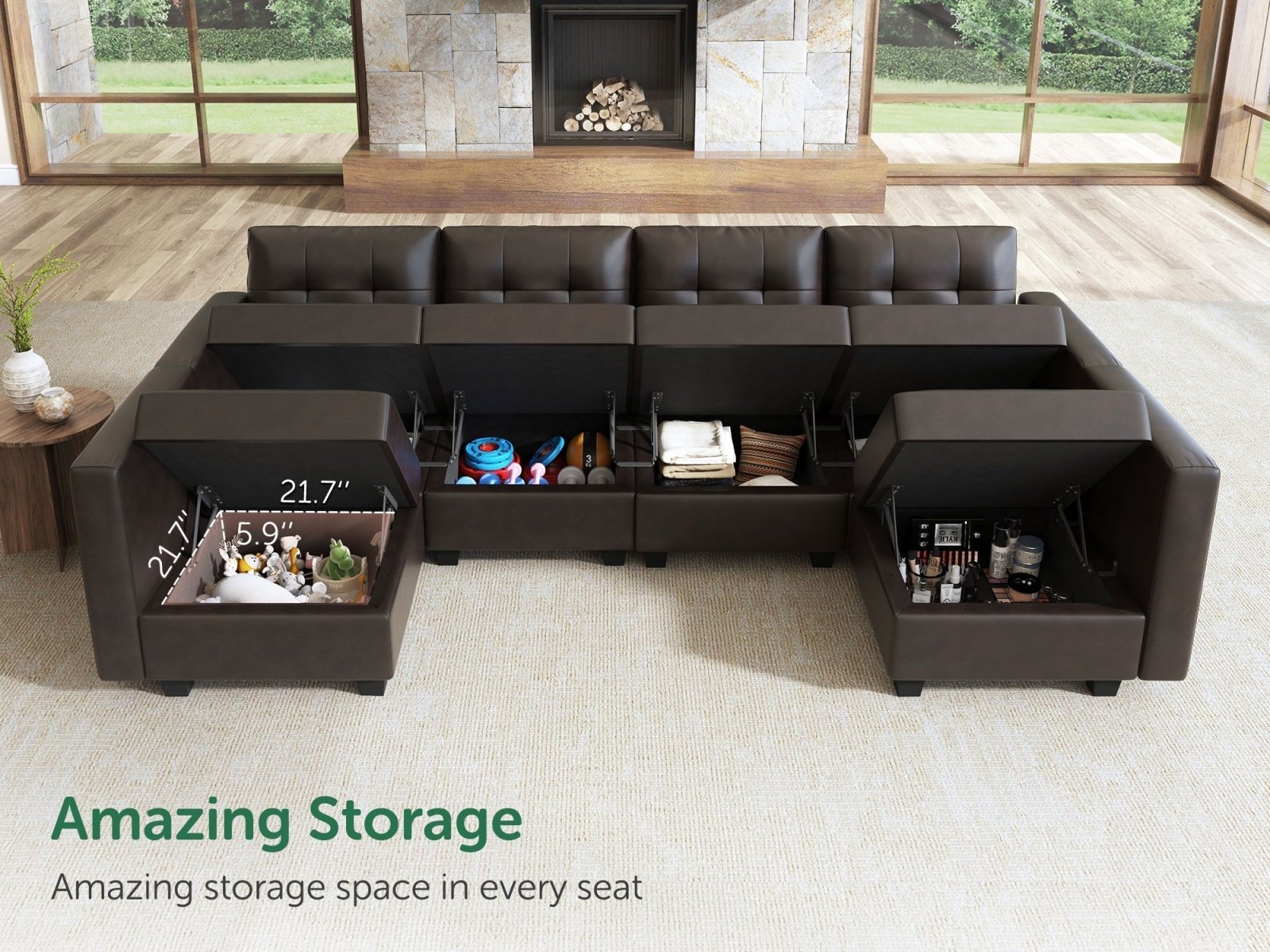 HONBAY 6-Piece Faux Leather Modular Sectional Sofa With Storage Seat