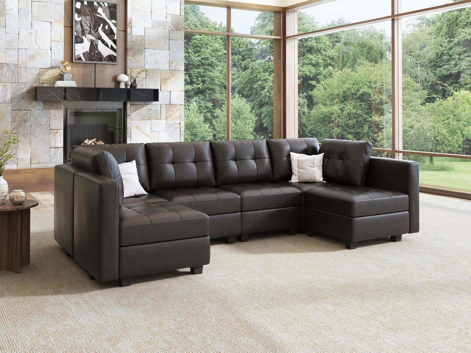 HONBAY 6-Piece Faux Leather Modular Sectional Sofa With Storage Seat