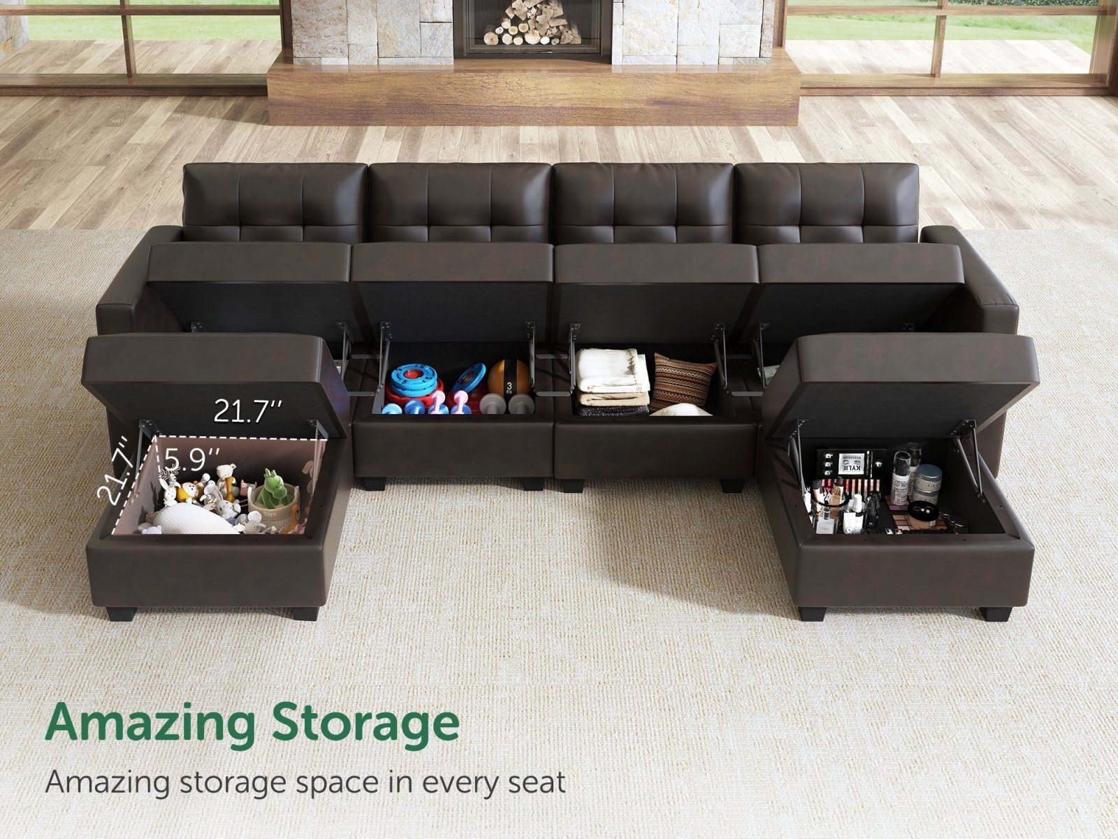 HONBAY 6-Piece Faux Leather Modular Sectional Sofa With Storage Seat