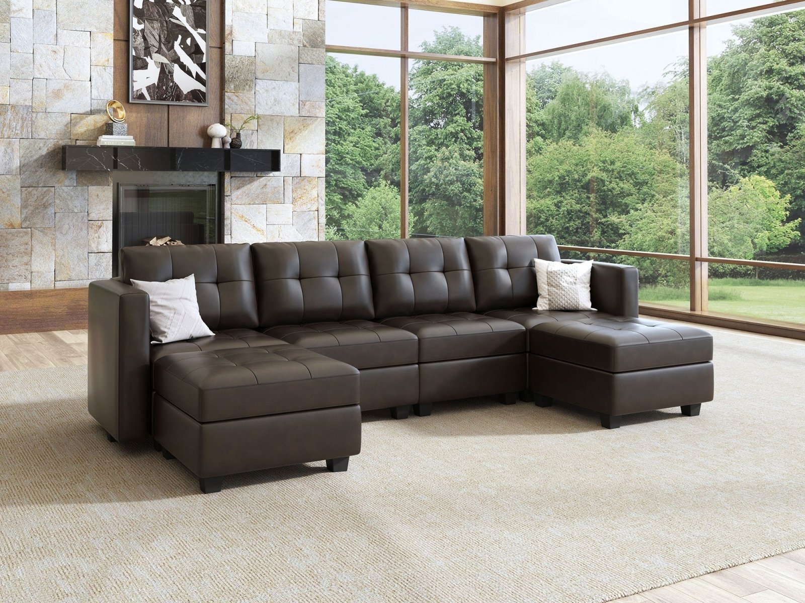 HONBAY 6-Piece Faux Leather Modular Sectional Sofa With Storage Seat