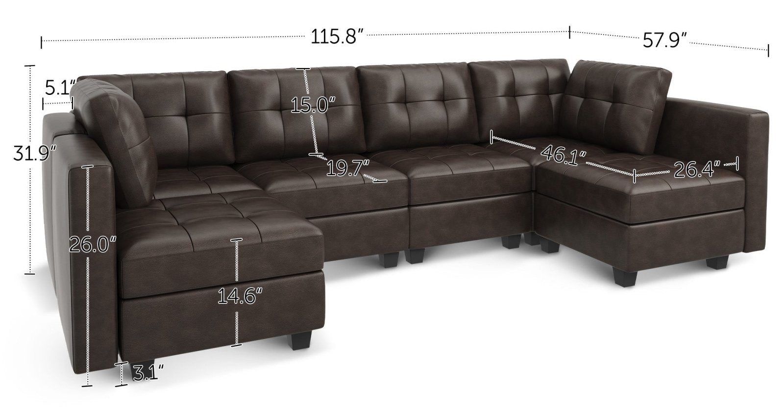 HONBAY 6-Piece Faux Leather Modular Sectional Sofa With Storage Seat