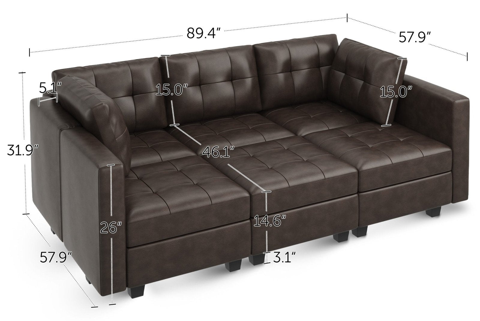 HONBAY 6-Piece Faux Leather Modular Sleeper Sectional Sofa With Storage Seat