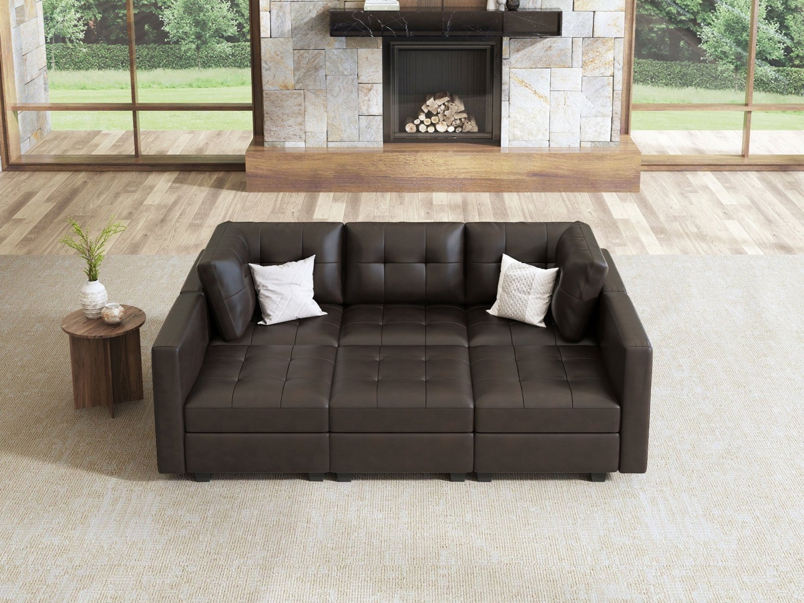 HONBAY 6-Piece Faux Leather Modular Sleeper Sectional Sofa With Storage Seat