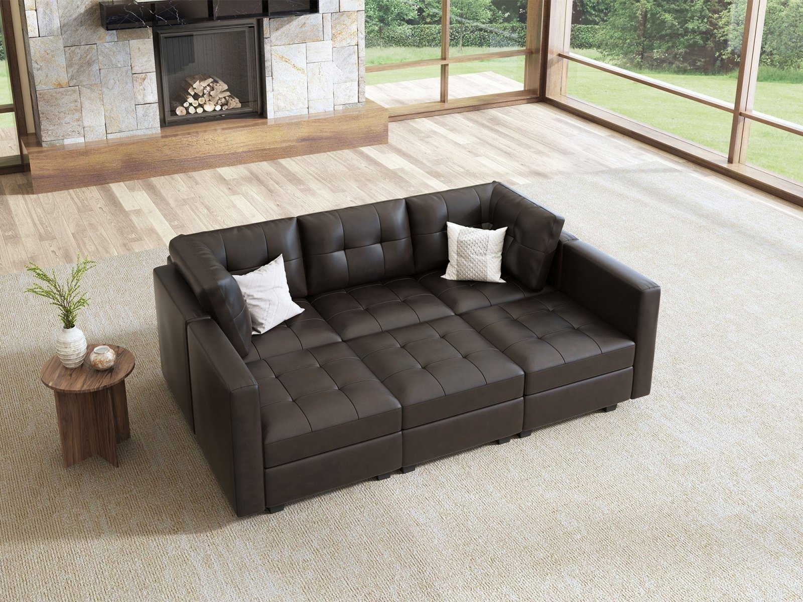 HONBAY 6-Piece Faux Leather Modular Sleeper Sectional Sofa With Storage Seat