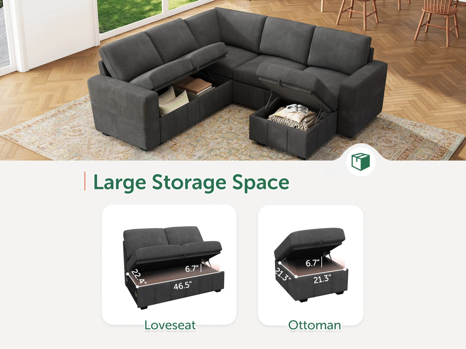 HONBAY 6-Piece Oversized Corduroy Pull-Out Sleeper Sectional Sofa with Storage & Block Arm
