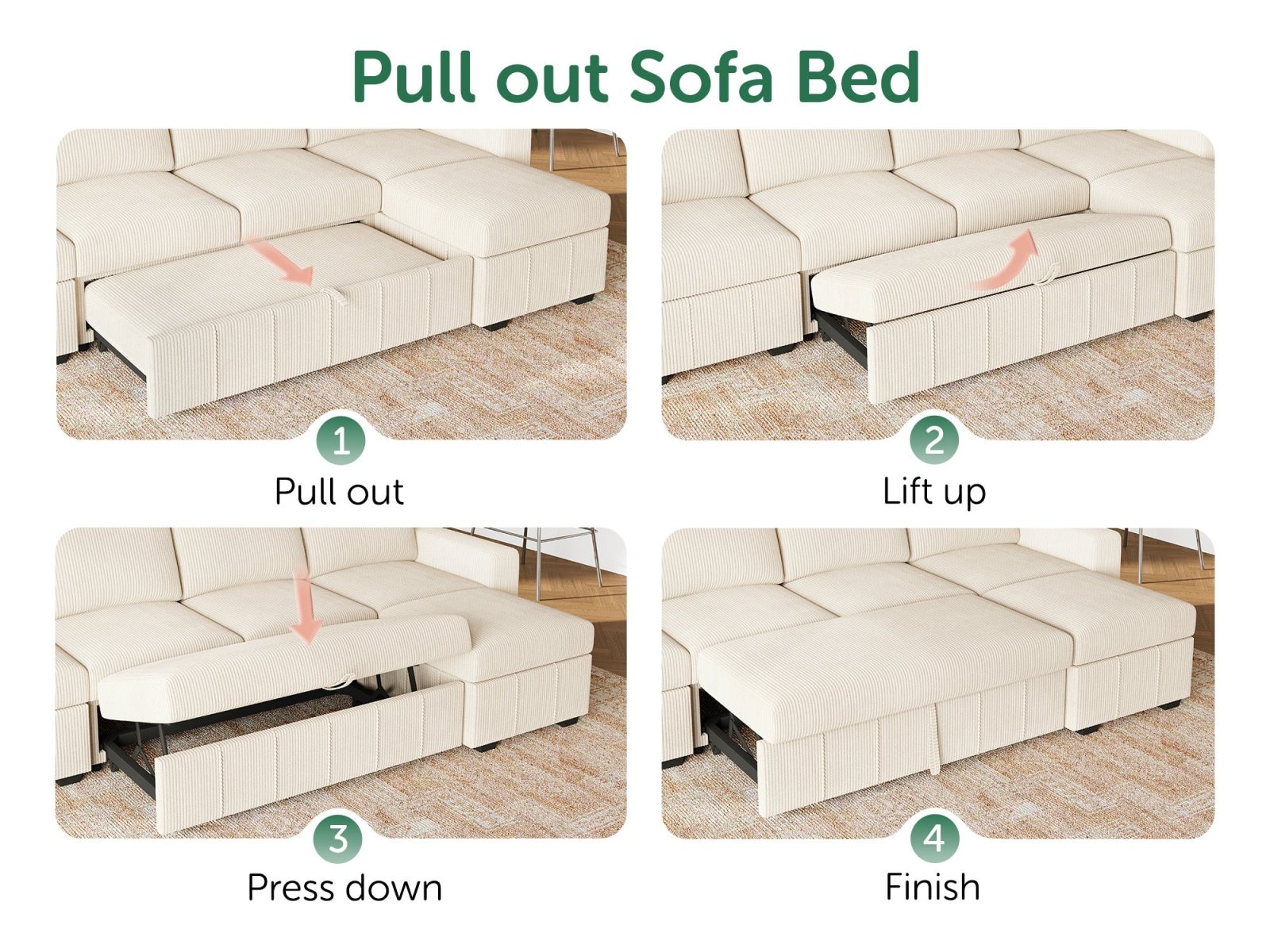 HONBAY 6-Piece Oversized Corduroy Pull-Out Sleeper Sectional Sofa with Storage & Block Arm