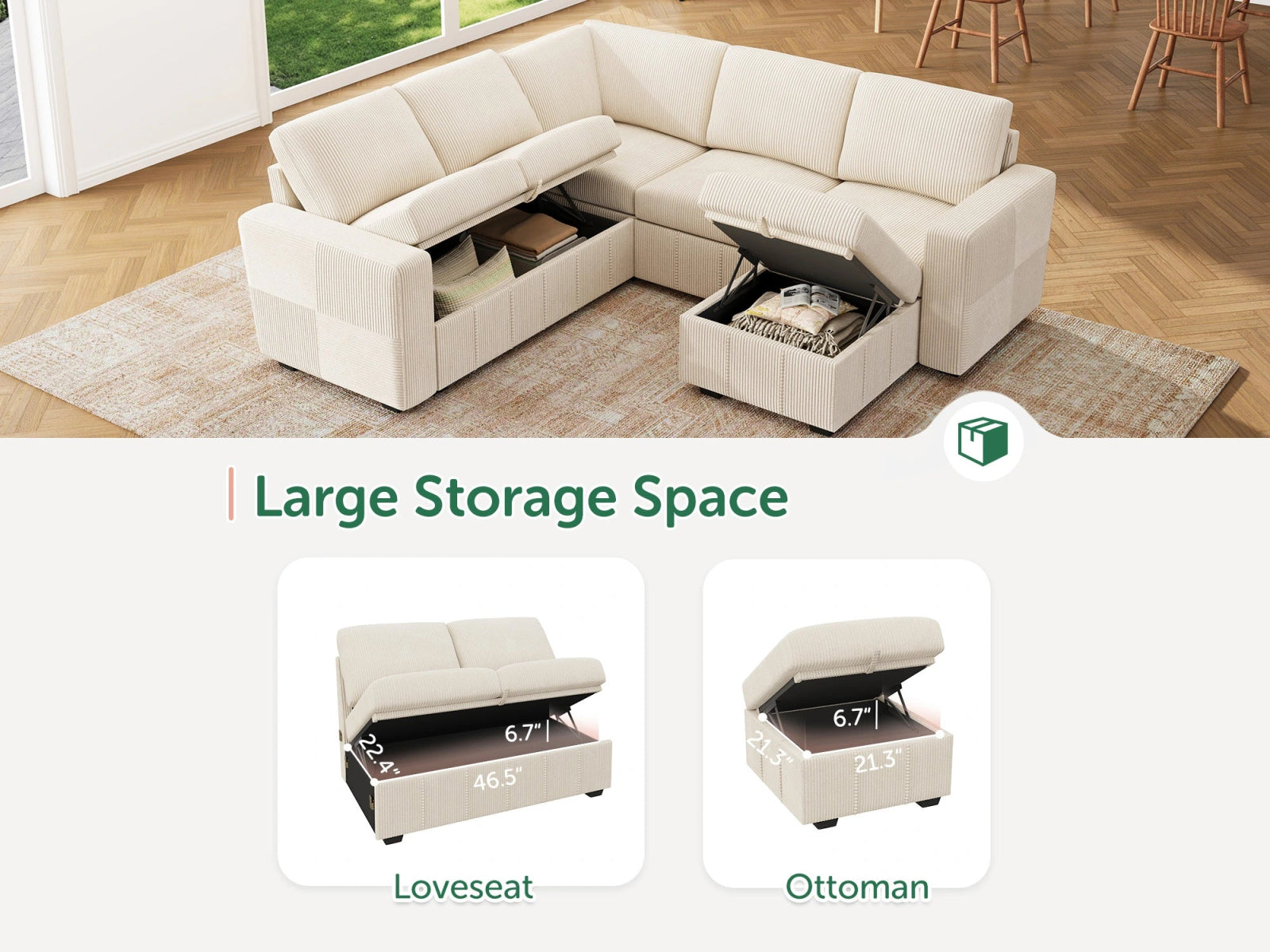 HONBAY 6-Piece Oversized Corduroy Pull-Out Sleeper Sectional Sofa with Storage & Block Arm