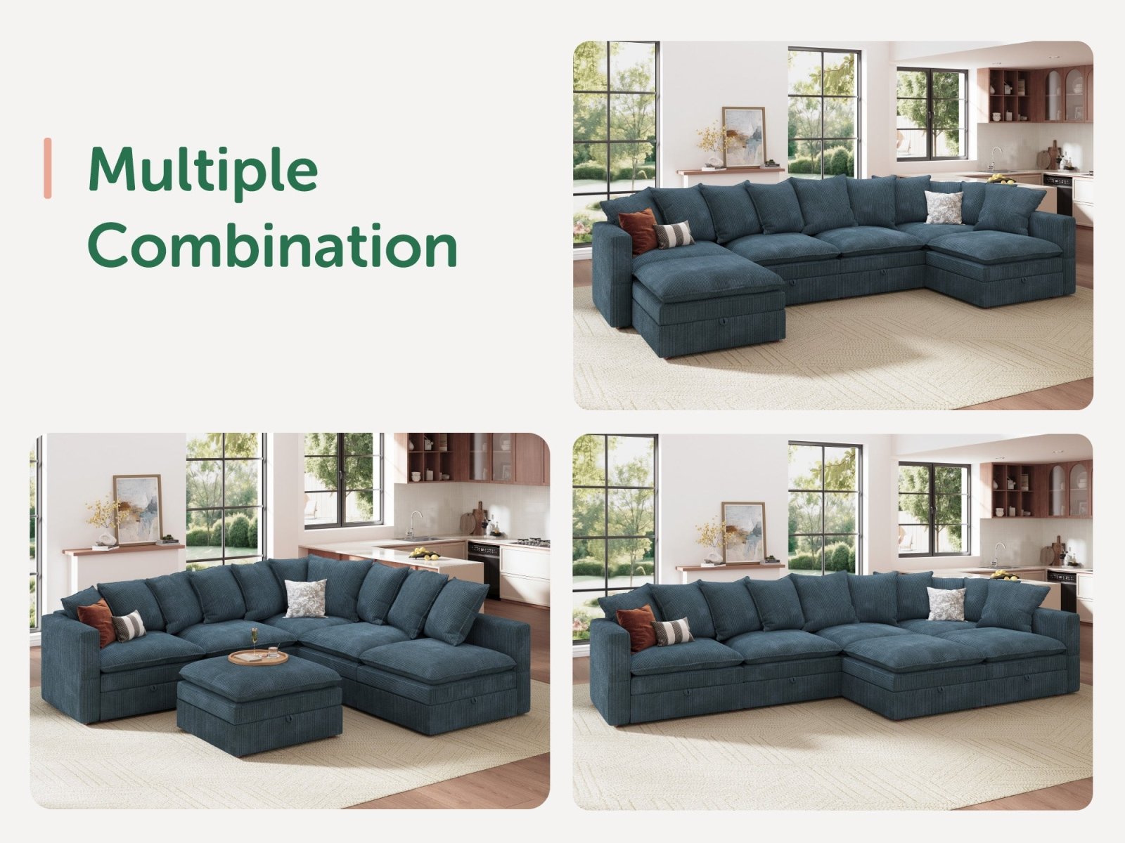 HONBAY 6-Piece Plush double-layer Cushion Corduroy Modular Sleeper Sectional Cloud Sofa
#Color_Corduroy Blue