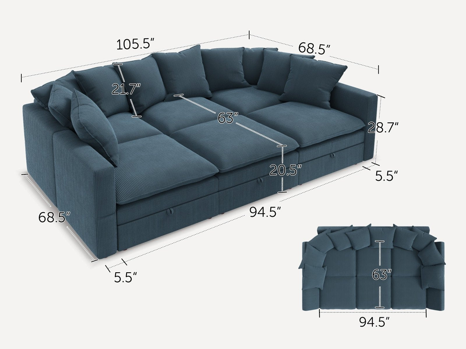 HONBAY 6-Piece Plush double-layer Cushion Corduroy Modular Sleeper Sectional Cloud Sofa
#Color_Corduroy Blue