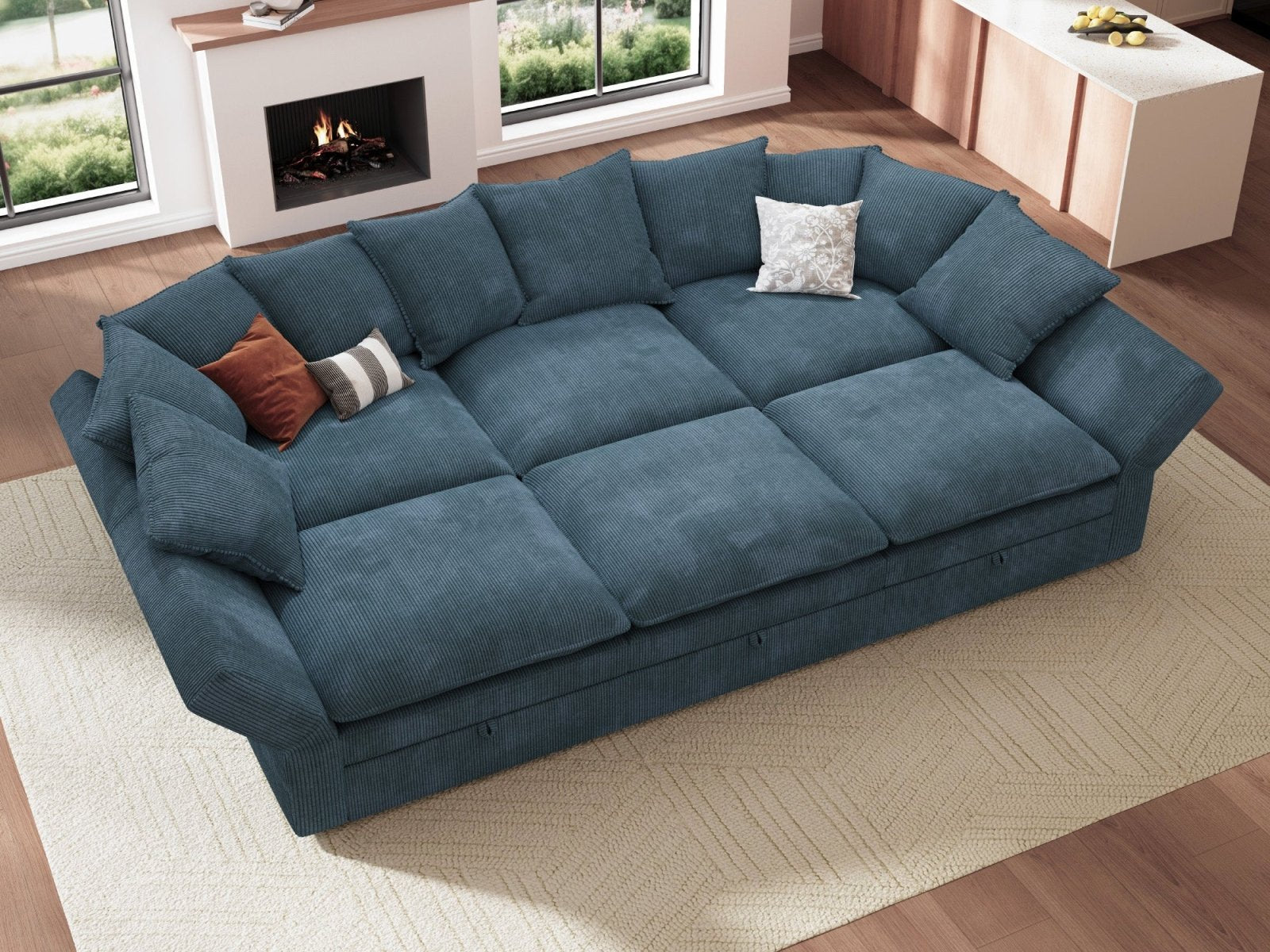 HONBAY 6-Piece Plush double-layer Cushion Corduroy Modular Sleeper Sectional Cloud Sofa
#Color_Corduroy Blue