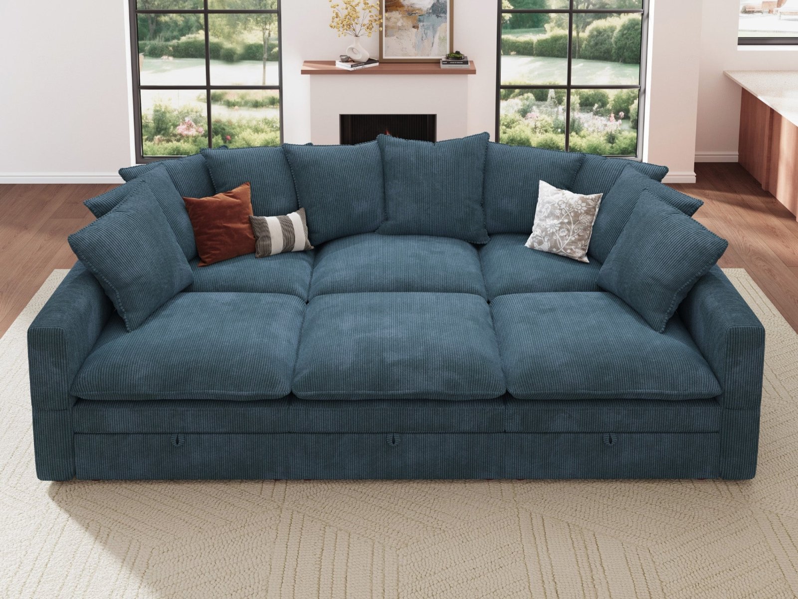 HONBAY 6-Piece Plush double-layer Cushion Corduroy Modular Sleeper Sectional Cloud Sofa
#Color_Corduroy Blue