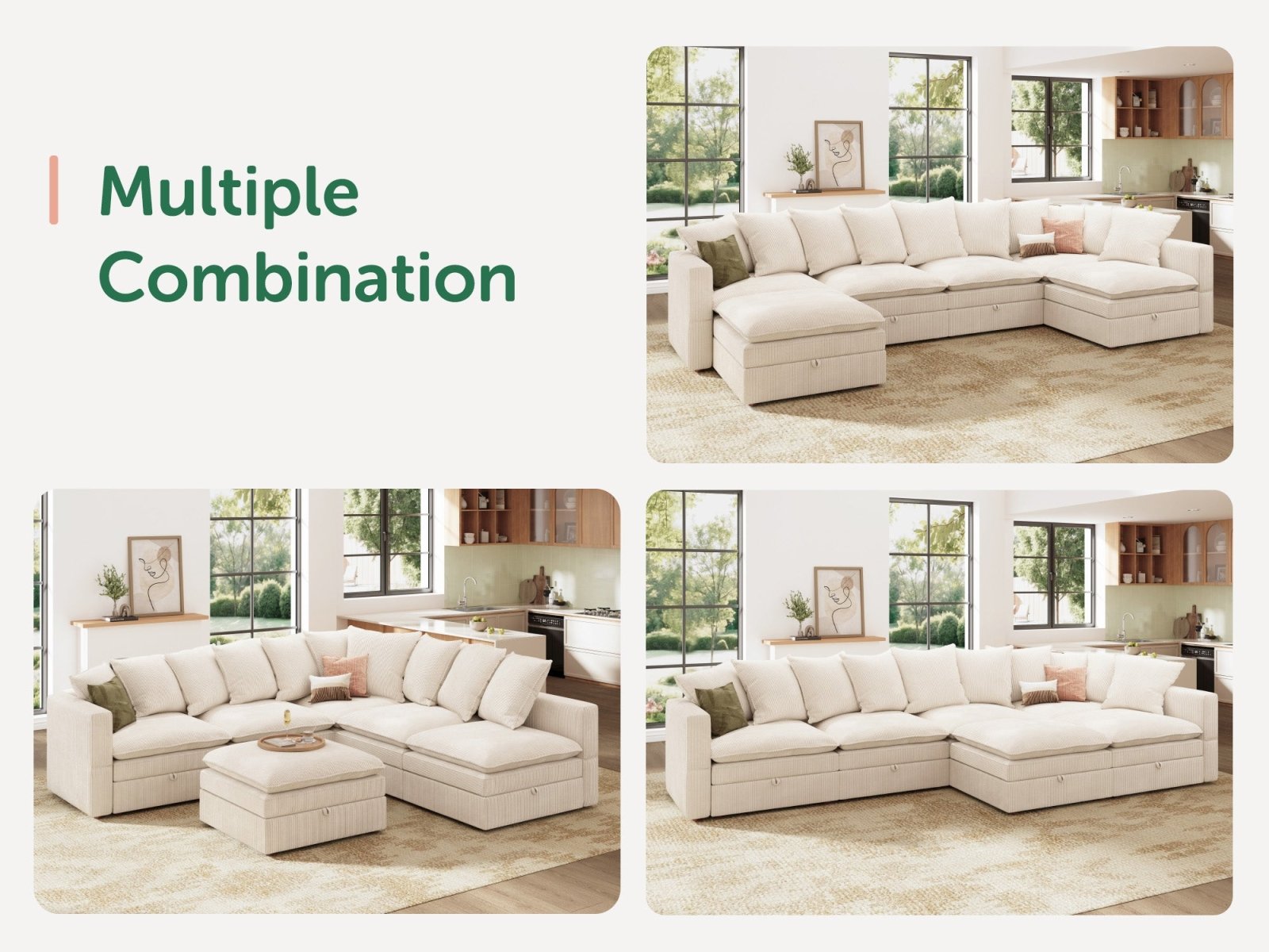 HONBAY 6-Piece Plush double-layer Cushion Corduroy Modular Sleeper Sectional Cloud Sofa
#Color_Corduroy Beige