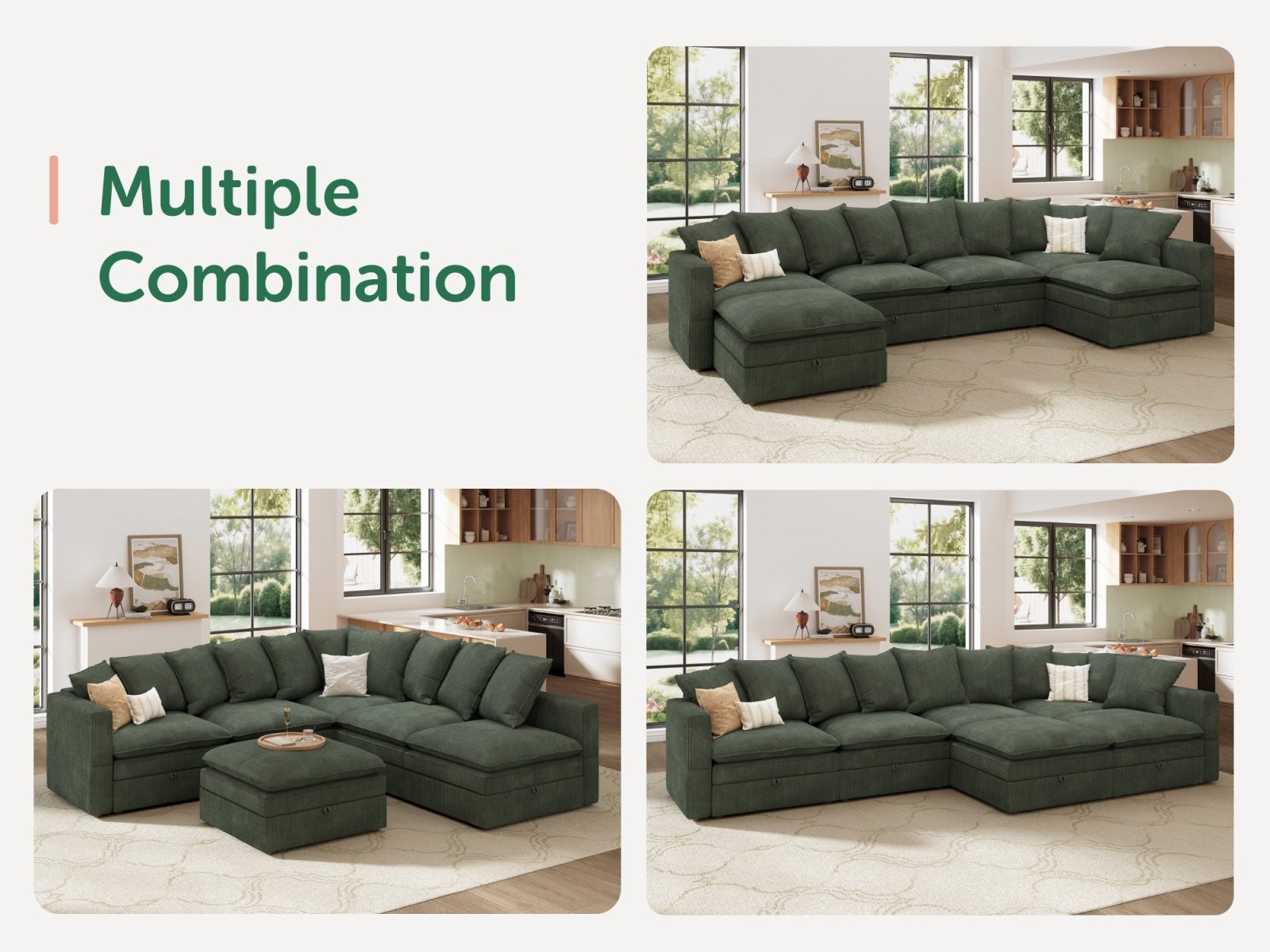 HONBAY 6-Piece Plush double-layer Cushion Corduroy Modular Sleeper Sectional Cloud Sofa
#Color_Corduroy Green
