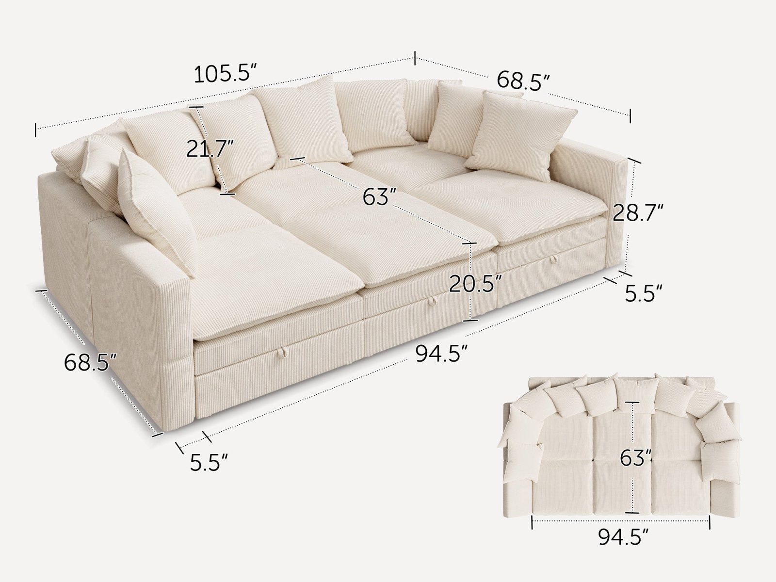 HONBAY 6-Piece Plush double-layer Cushion Corduroy Modular Sleeper Sectional Cloud Sofa
#Color_Corduroy Beige