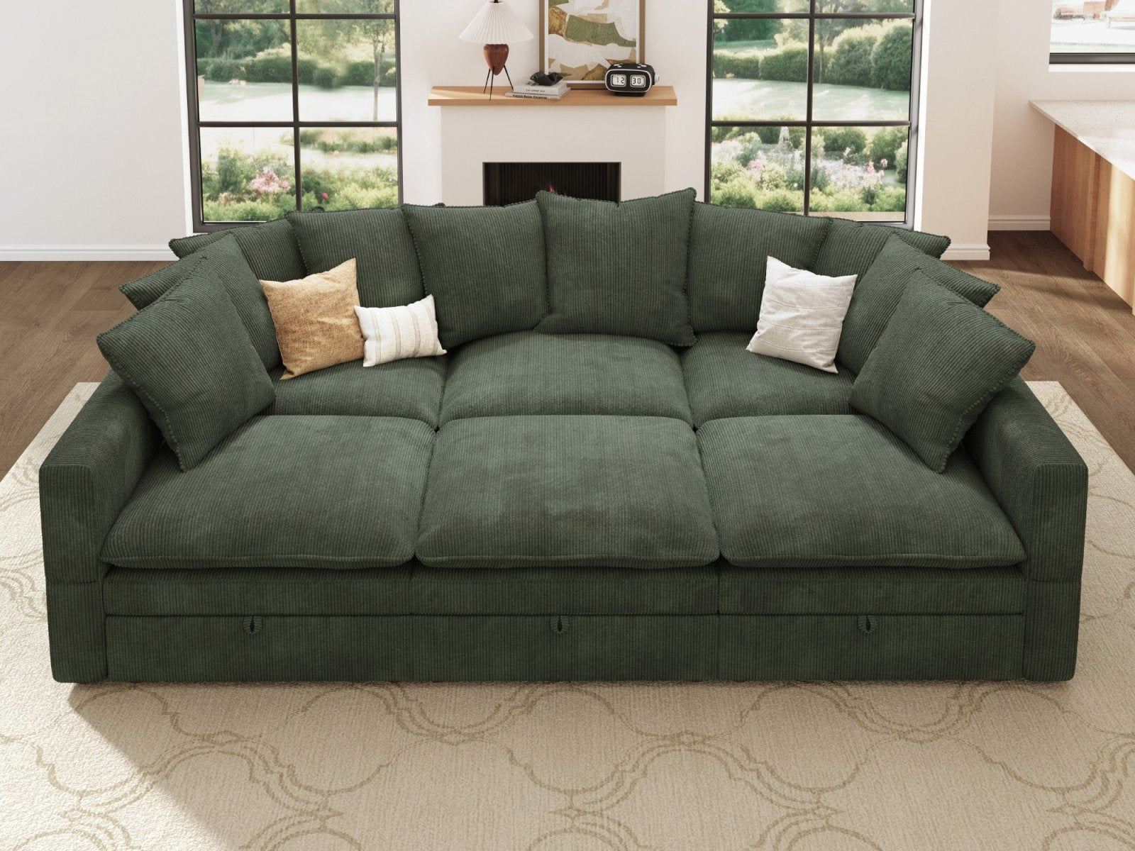 HONBAY 6-Piece Plush double-layer Cushion Corduroy Modular Sleeper Sectional Cloud Sofa
#Color_Corduroy Green