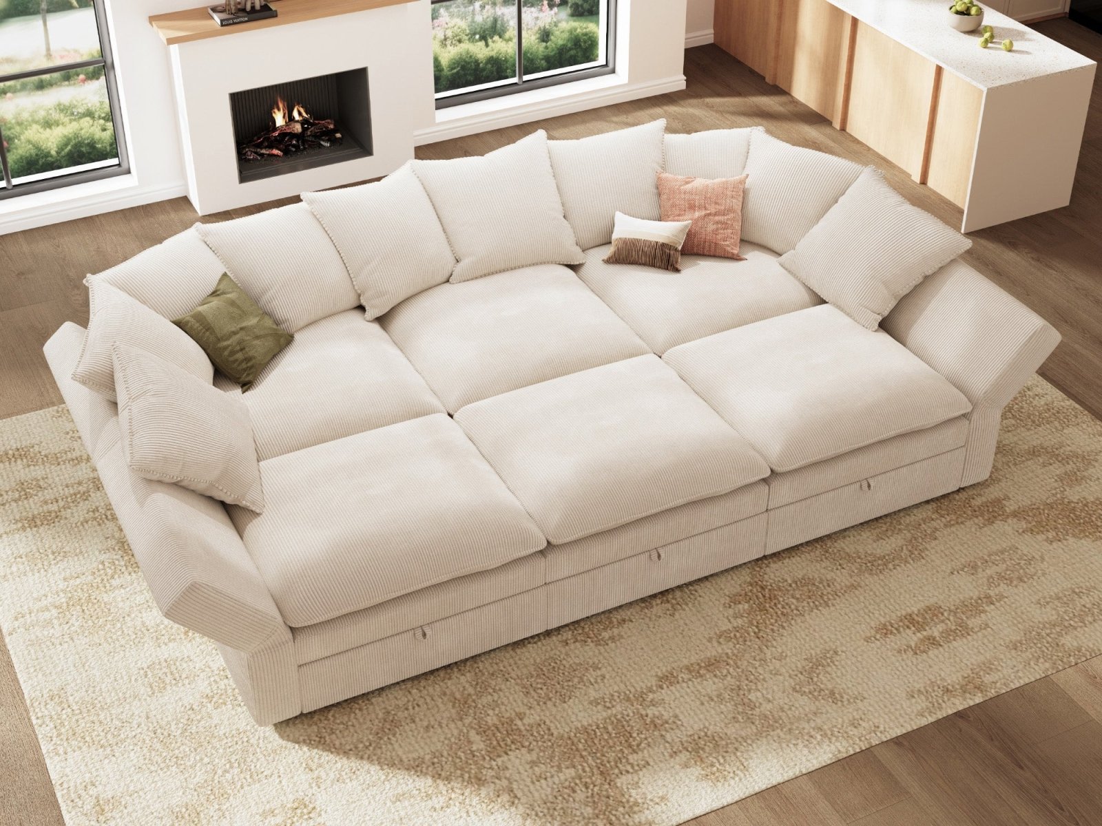 HONBAY 6-Piece Plush double-layer Cushion Corduroy Modular Sleeper Sectional Cloud Sofa
#Color_Corduroy Beige